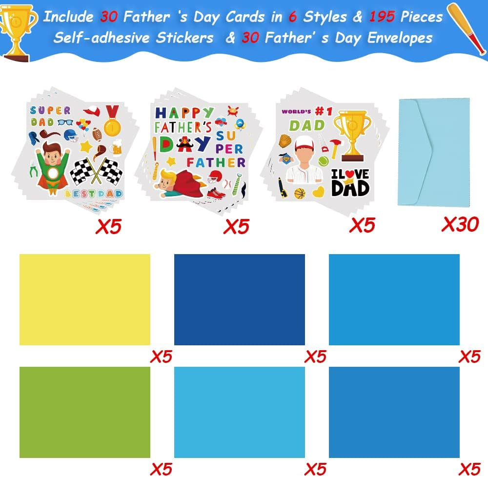 30Pcs Father'S Day Card Making Crafts Kits for Kids, DIY Paper Greeting Card Envelopes Handmade Craft for Daddys Day Girls Boys Home Classroom Indoor Art Game Activities Favors