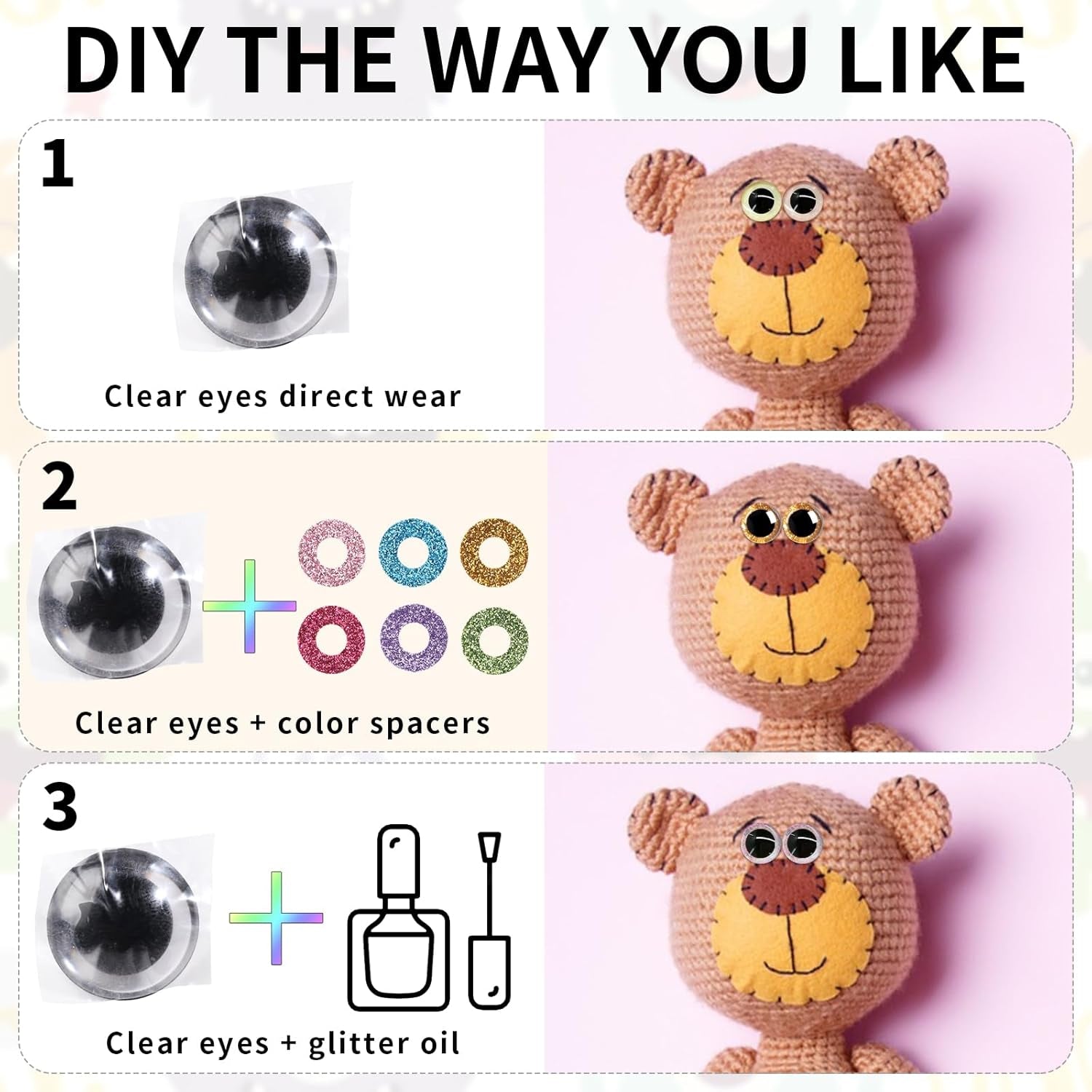 120Pcs 16Mm 3D Glitter Plastic Safety Eyes for Amigurumi Trapezoid Craft Crochet Doll Eyes with Washers Stuffed Animal Eyes for DIY of Puppet, Bear Plush Animal(6 Colors)