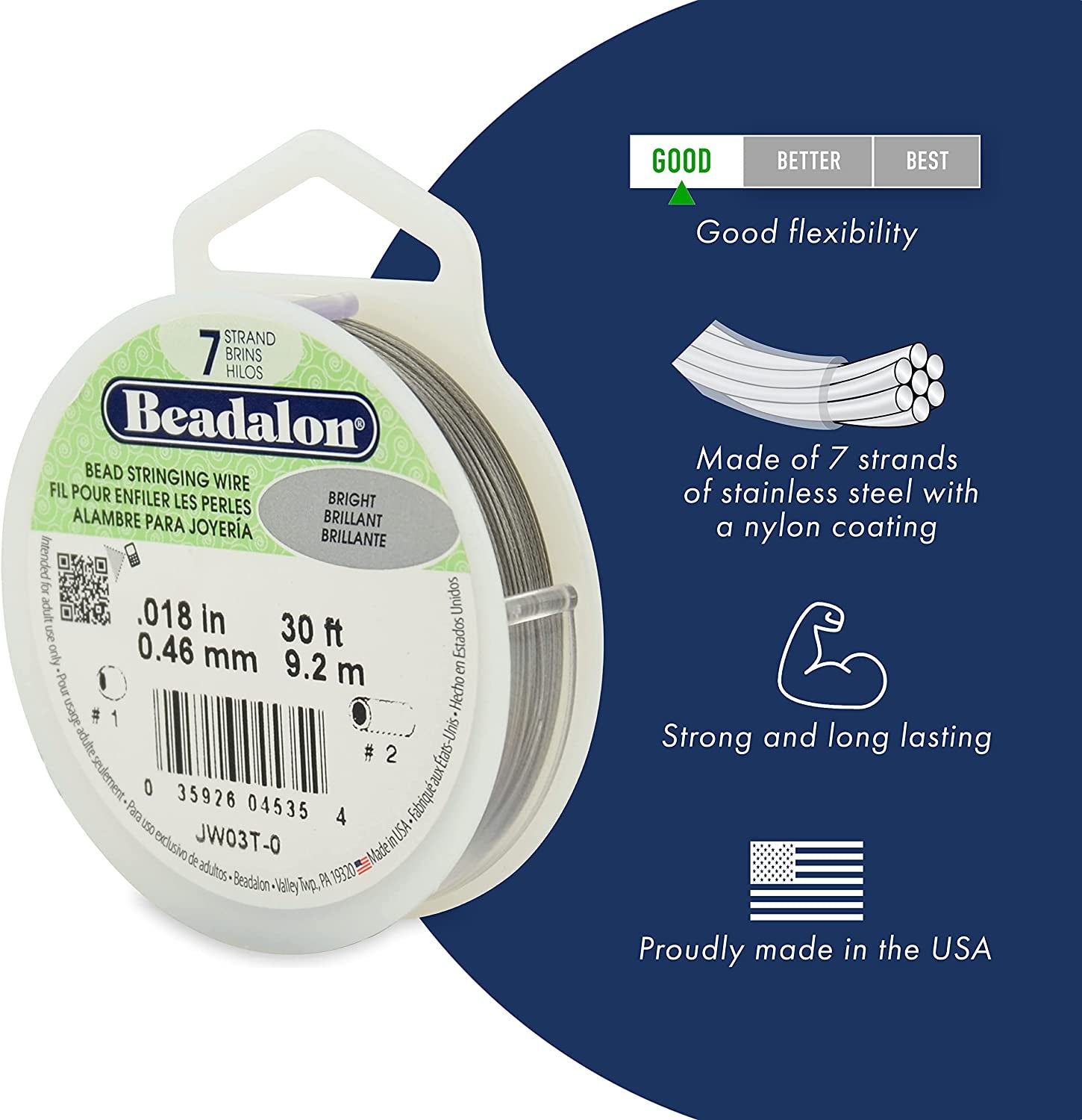 7 Strand Stainless Steel Bead Stringing Wire, 0.018 in / 0.46 Mm, Bright, 100 Ft / 31 M