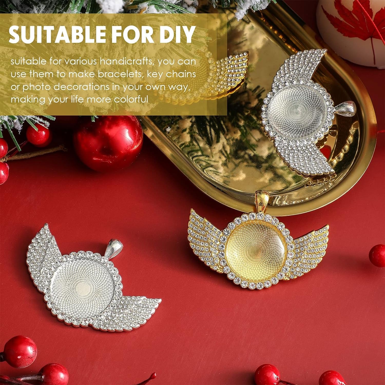 60 Pcs Sublimation Angel Wing Jewelry Blanks Set Rhinestone Bezel Pendant Trays Glod and Silver Sublimation Necklace Blank with Chain Set for Making Crafts Wedding Jewelry Gifts