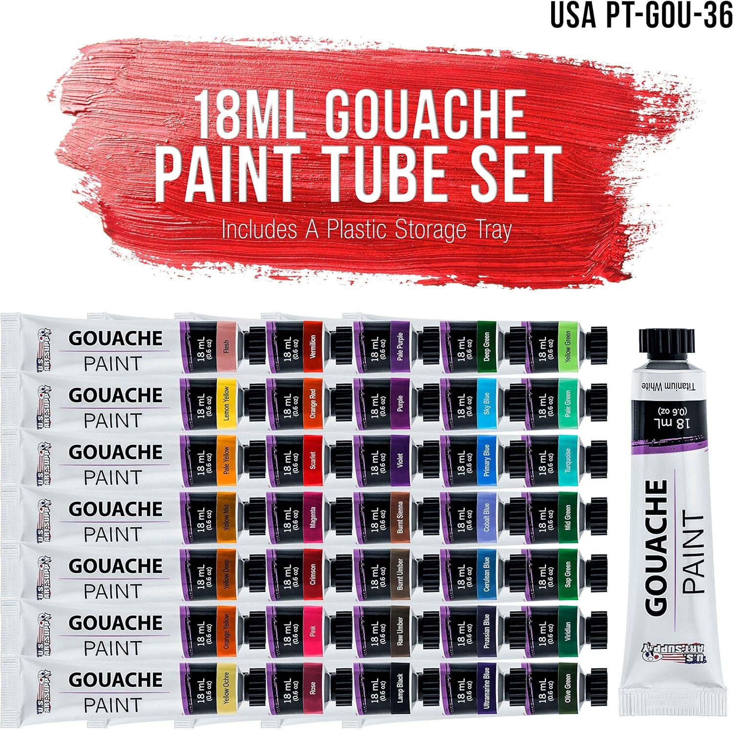 Professional 36 Color Set of Gouache Paint in Large 18Ml Tubes - Rich Vivid Colors for Artists, Students, Beginners - Canvas Portrait Paintings - Color Mixing Wheel