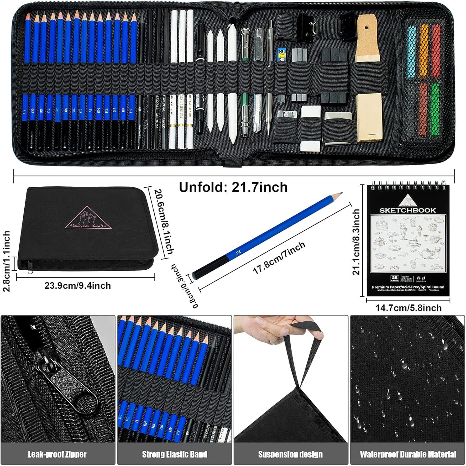 50Pcs Sketching Drawing Pencils Set Art Supplies | Sketch Pencils,Graphite,Charcoal,Sketch Book,Drawing Supplies | in Black Zipper Case | for Adults,Teeage, Kids 9-12