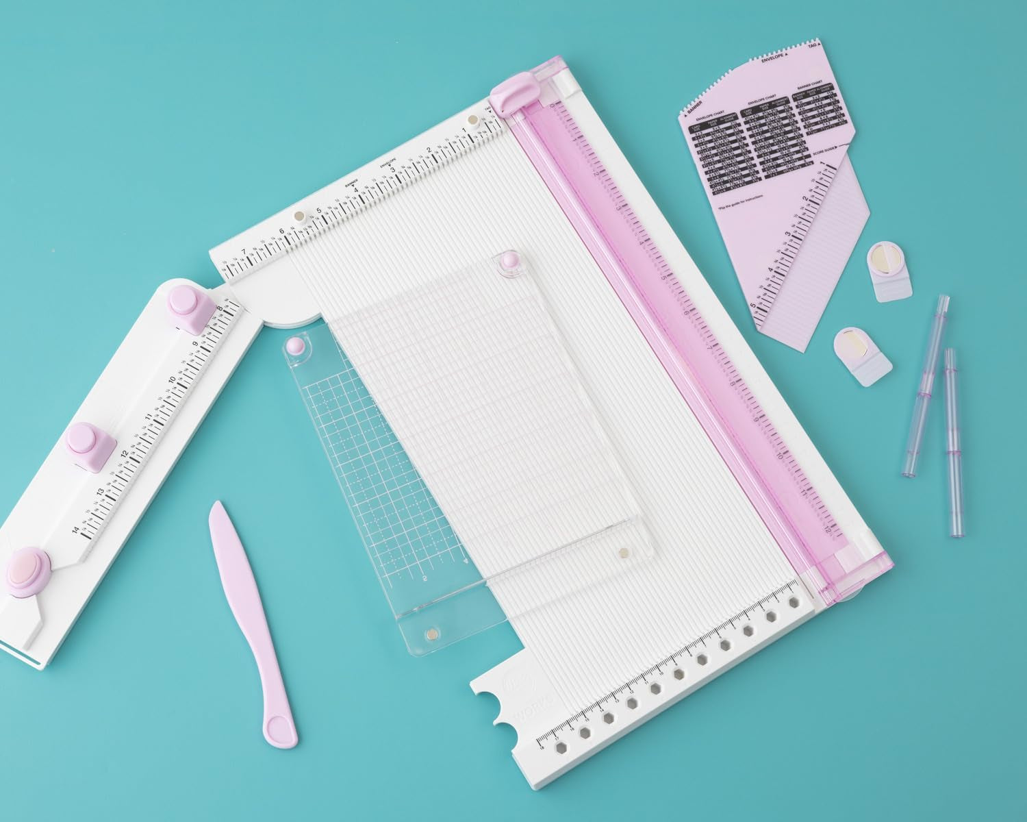 , All in One Scrapbooking Tool, Lilac, Includes Trimmer, Scoring, Bone Folder, Banner Maker, Tag Maker, Enveloper Maker, Scoring Board, Tab Maker, Corner Rounder, Hole Punch