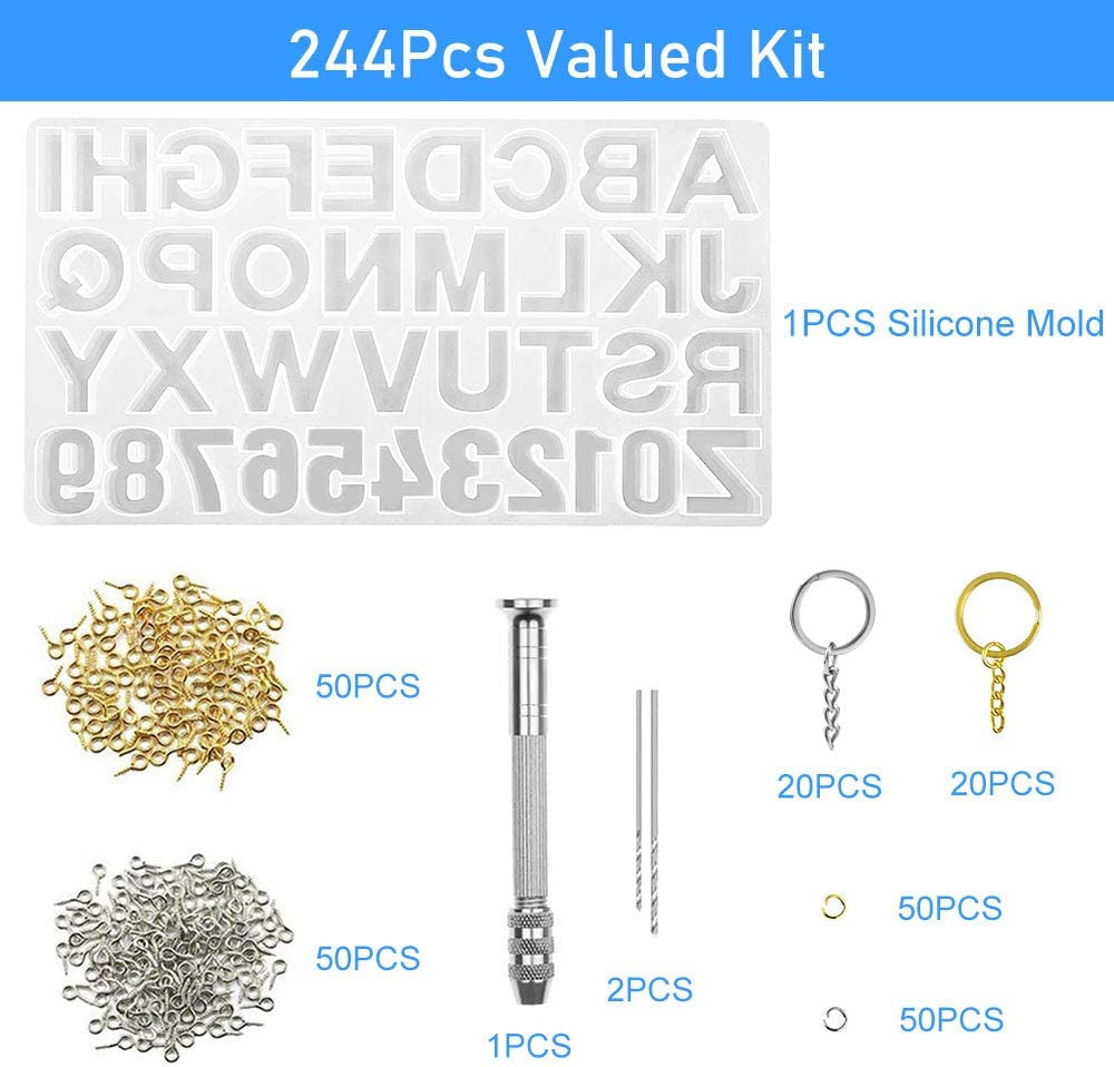 244Pcs Alphabet Silicone Resin Casting Molds Kit, Reversed Letters & Numbers Epoxy Casting Molds with Pin Vise Set for DIY Making Keychain/House Number Resin Crafts