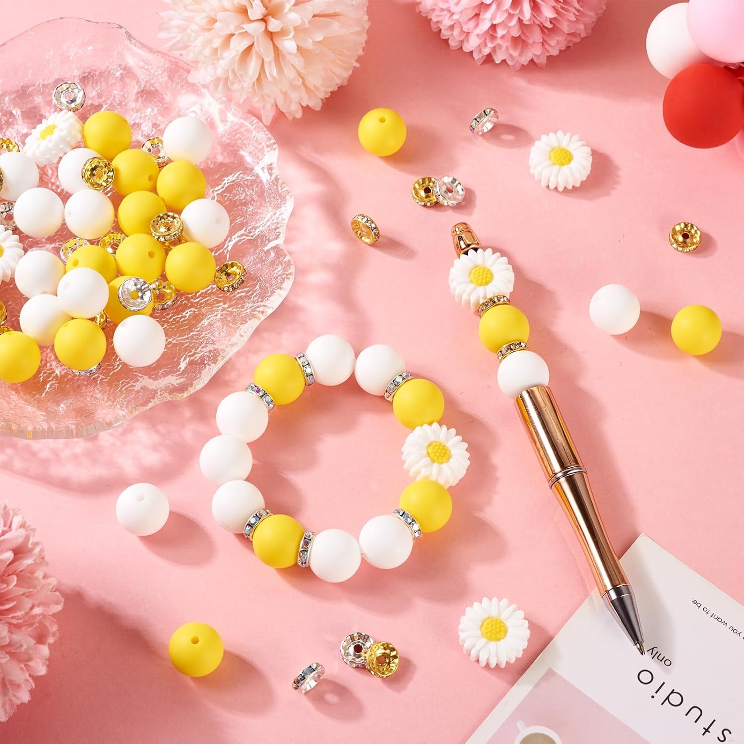65Pcs Daisy Flower Silicone Focal Beads Yellow Silicone Rubber Beads Summer Focal Bracelet Beads Glass Rhinestone Beads for Necklace Spring’S Festival Jewelry Making