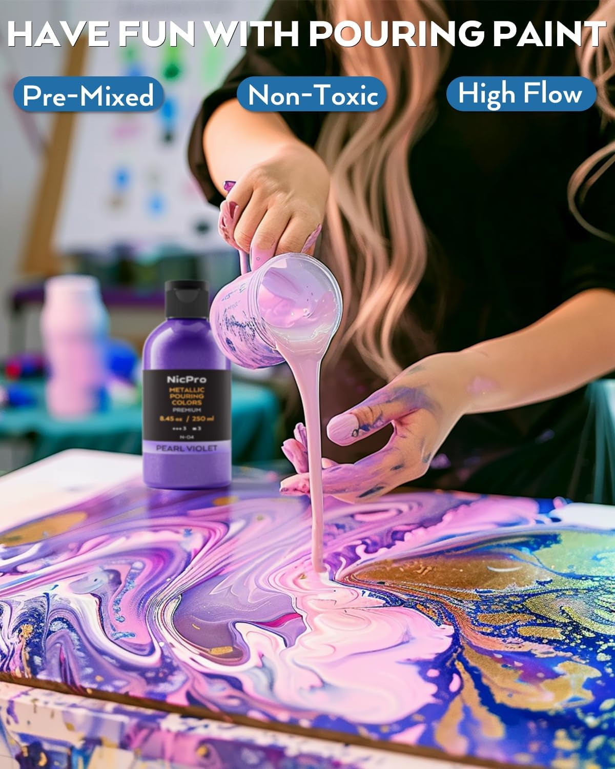 8 Colors 8.45Oz Metallic Acrylic Pour Paint Supplies Kit, Large Volume Premixed High Flow Painting Bulk Set with Silicone Pouring Oil, Gloves, Instructions for Beginner DIY - Ready to Pour