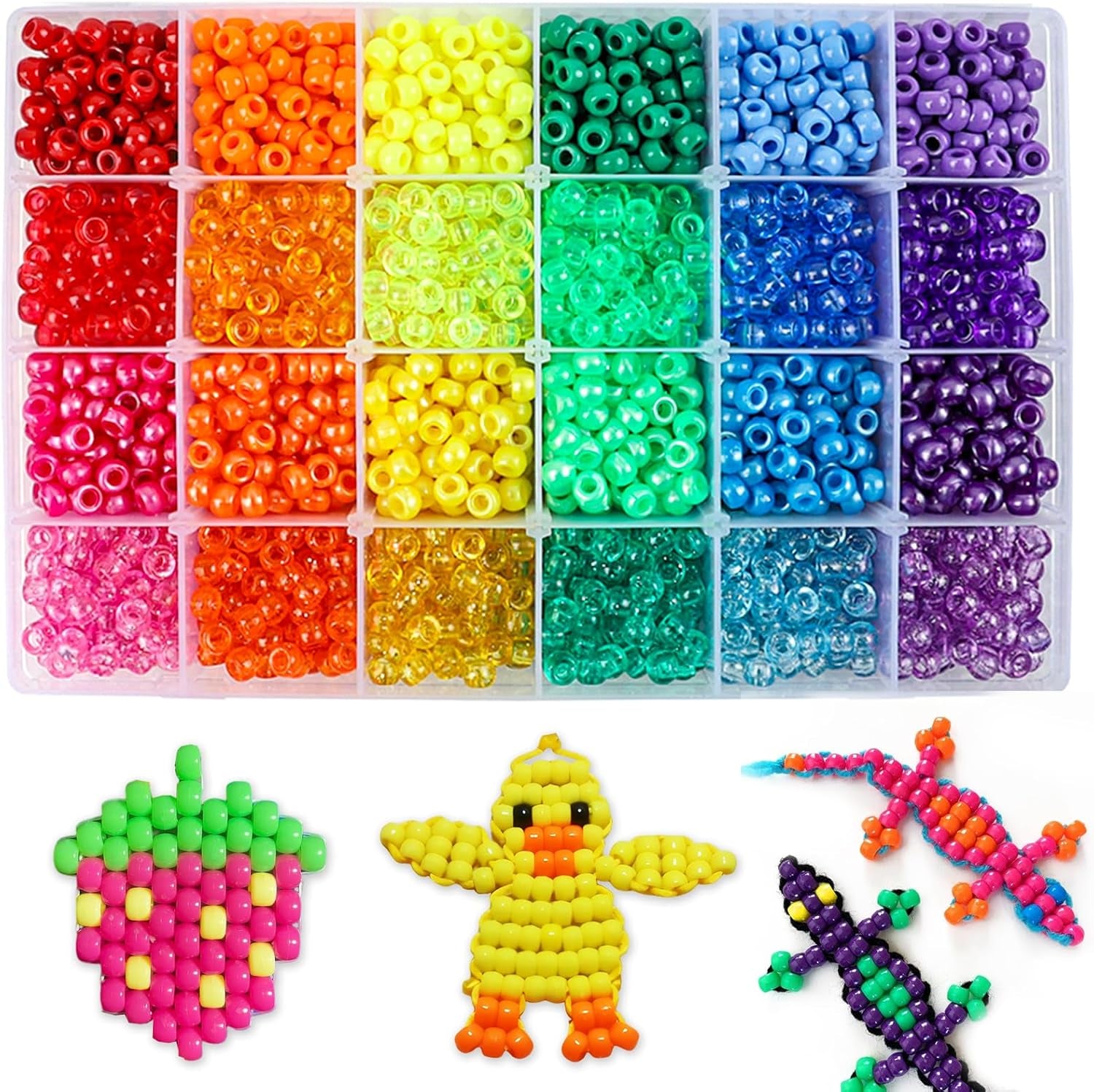 2880Pcs Pony Beads Kit, Kandi Beads for Hair, Rainbow Beads Plastic Bead for Craft 6 X 9Mm 24 Colors 4 Styles Large Hole Beads Set for Bracelets Jewelry Making