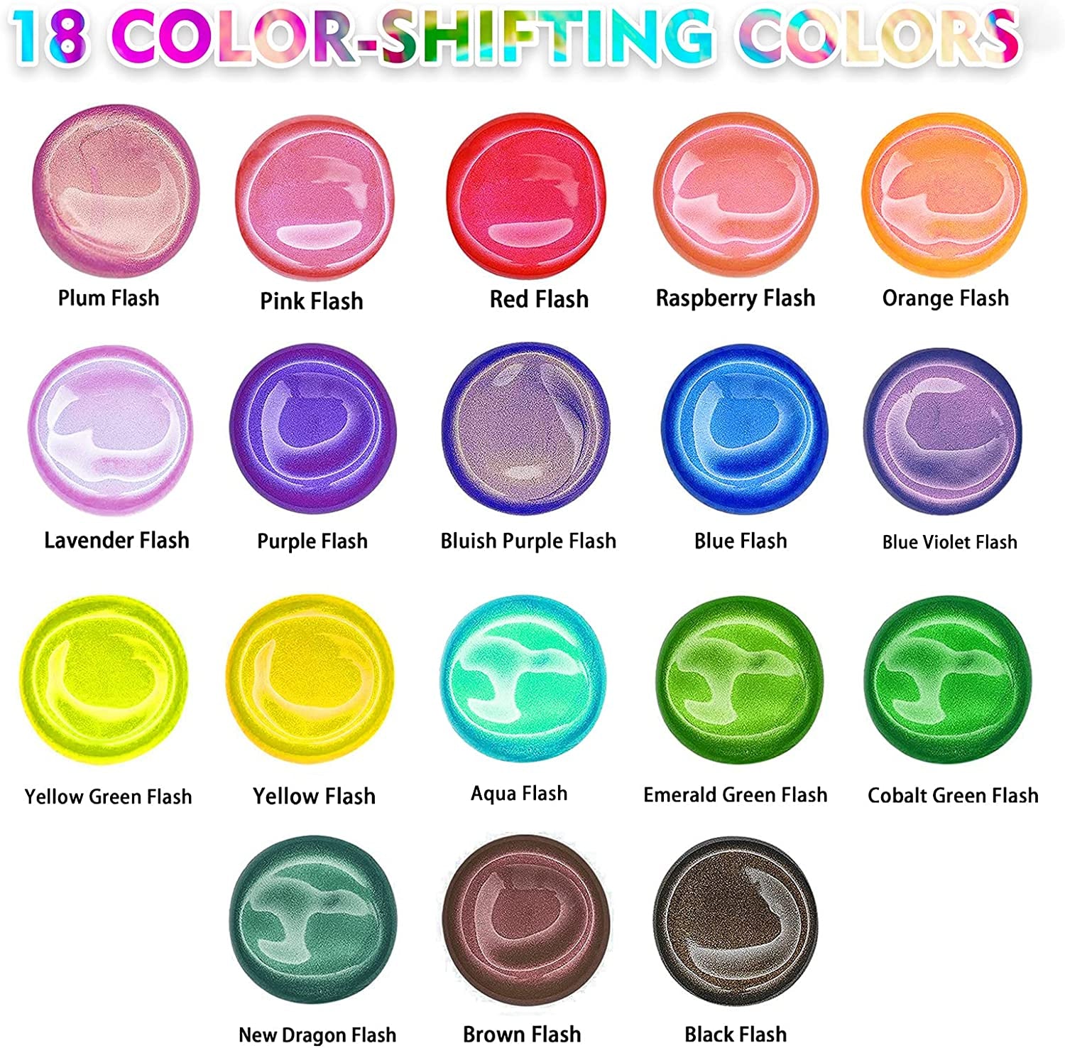 Iridescent Acrylic Paint, Set of 18 Chameleon Colors, 2 Oz/60Ml Bottles, Color-Shifting, Non-Toxic, High Viscosity, Blendable, Paints on Rocks Crafts Canvas Wood, Fabric, Ceramic & Stone