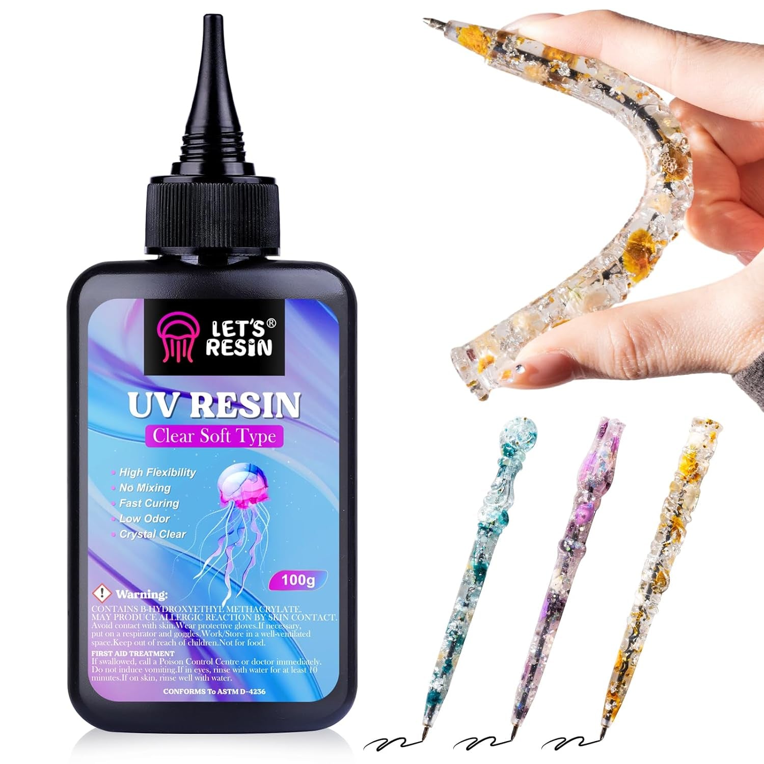 UV Resin Soft Type, 100G Elastic&Bendable Crystal Clear Ultraviolet Epoxy Resin, Low Shrinkage UV Resin Kit for Crafts, Jewelry Making, Decoration