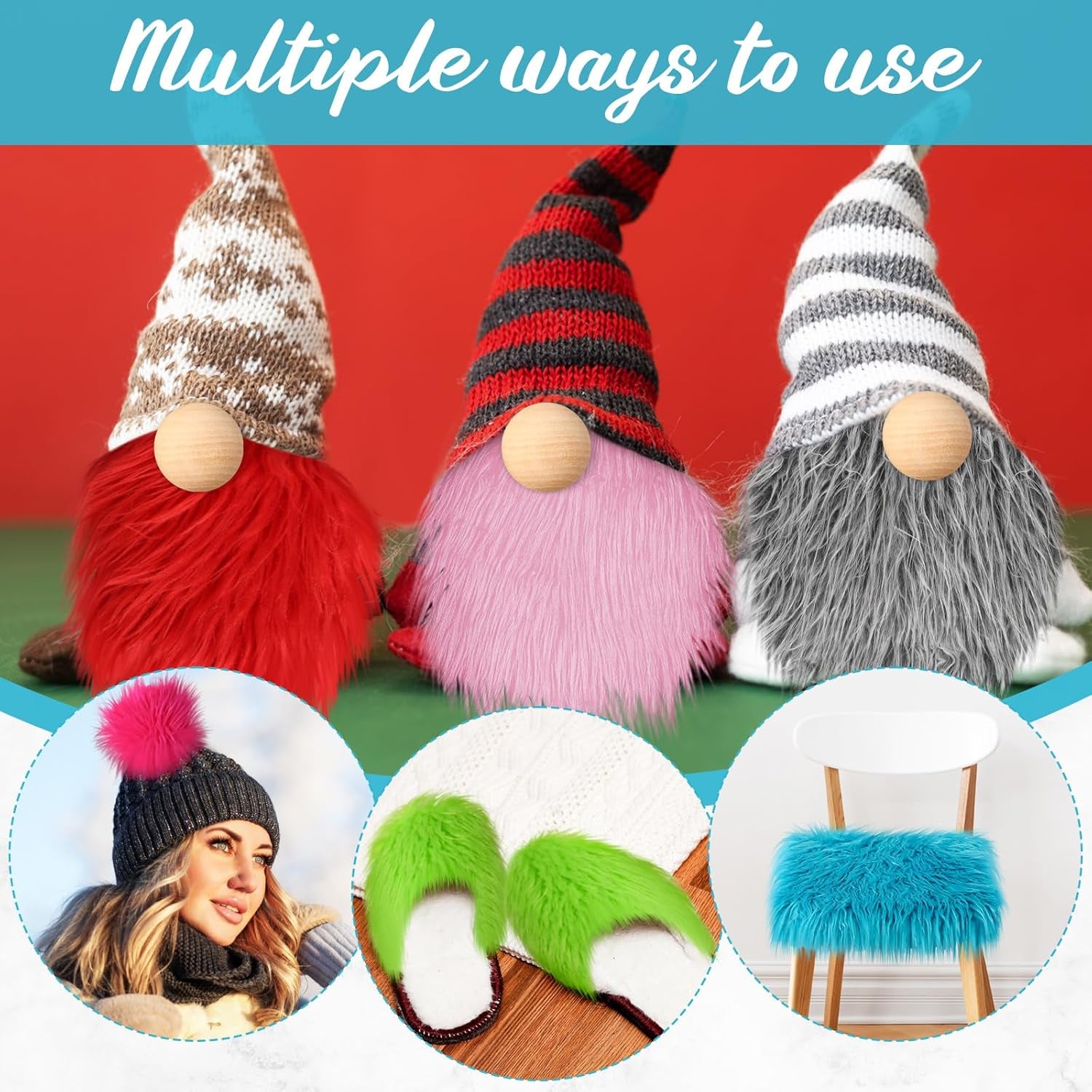 20 Pcs Faux Fur Fabric 10" X 10" with 40 Pcs Wood Balls Shaggy Faux Fur Square Patches, Gnome Beards for Crafting Sewing Costume Rug Pillow Cushion Pad Chair Cover Christmas (Bright Color)