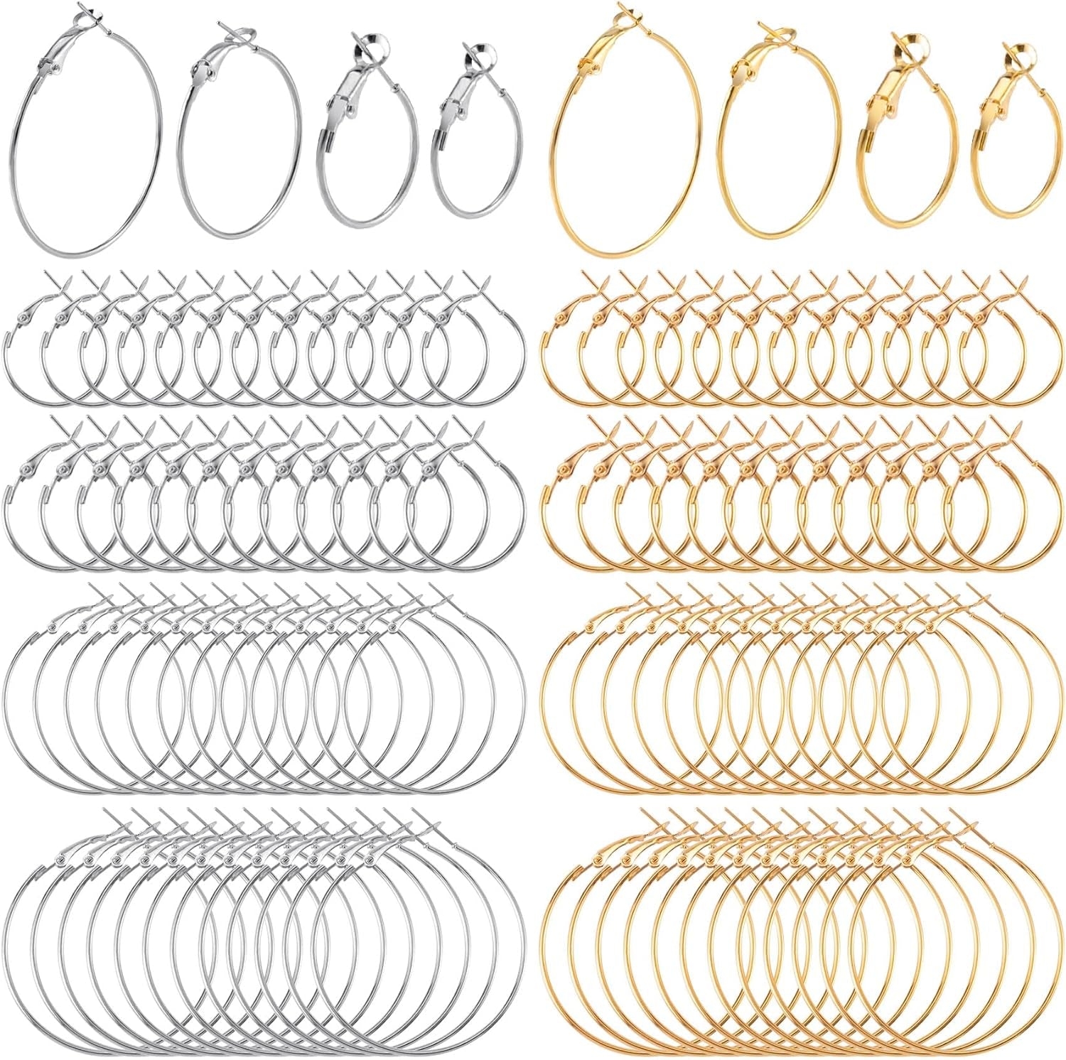 96Pcs Hoop Earrings Finding, Hypoallergenic Alloy round Earring Hoops for Jewelry Making, Gold Silver Open Beading DIY Earrings Craft Art Accessories 20Mm 30Mm 40Mm 50Mm