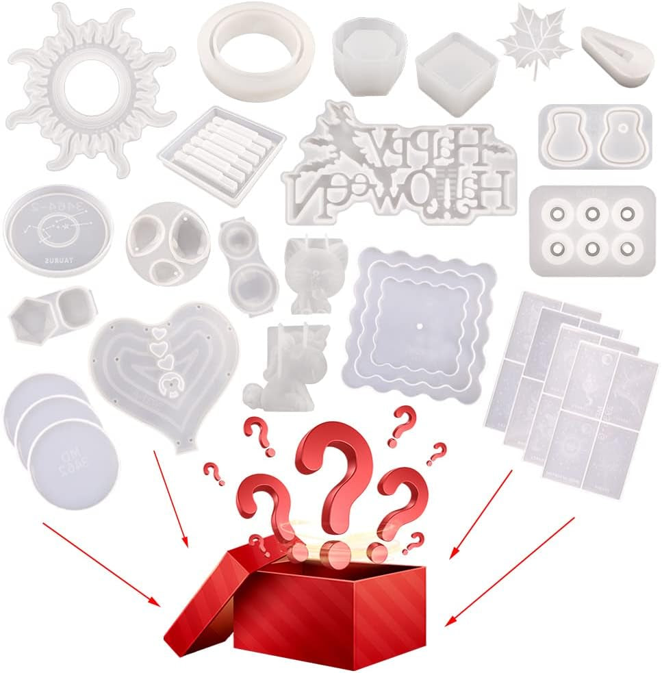 500G Random Resin Molds,Mystery Box Silicone Molds for Epoxy Resin,Blessing Bags Blind Box Moldes De Silicona Para Resina,Contains Pendants,Coasters,Trays,Letters and Other Random Moulds