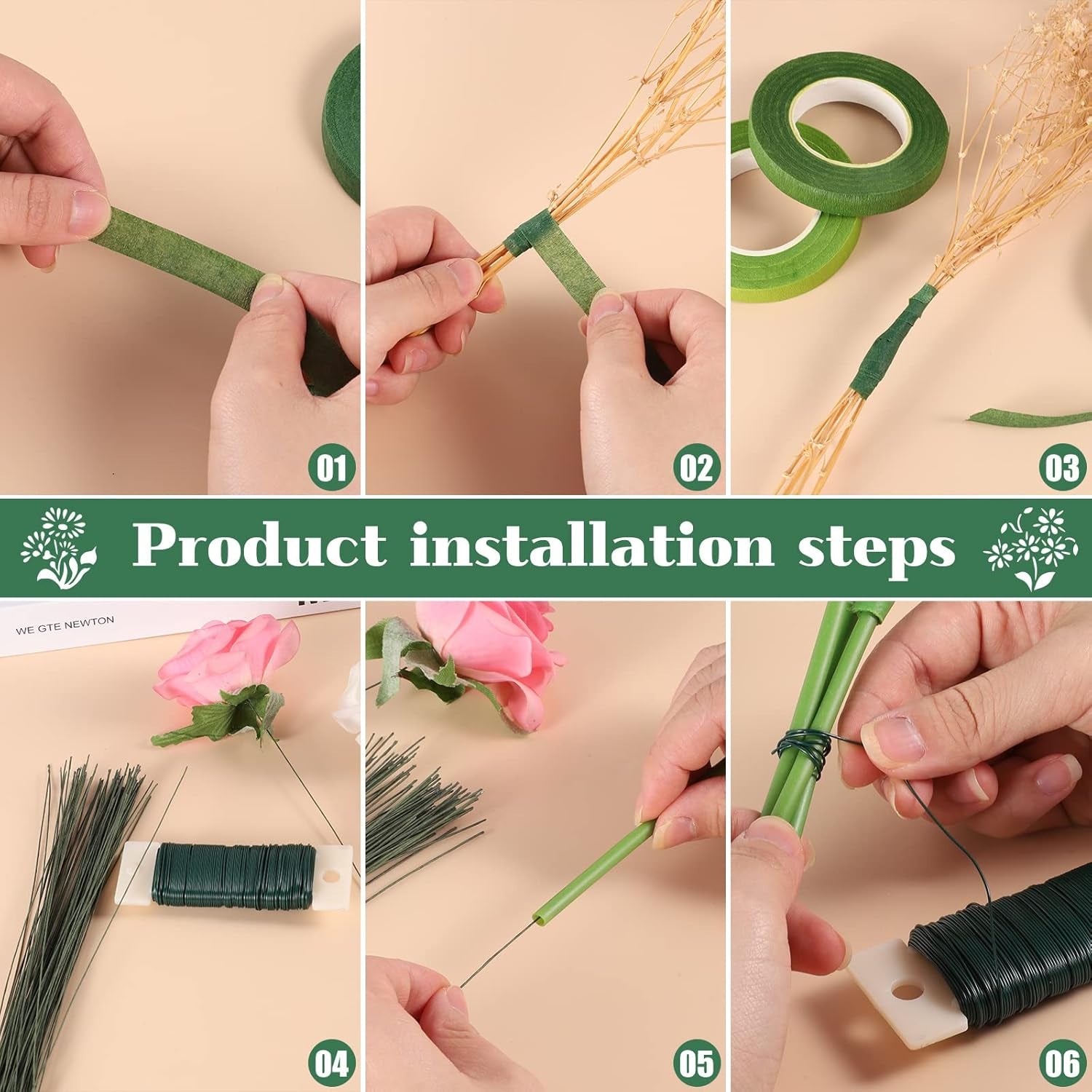 Floral Tape and Floral Wire Floral Arrangement Kit,Green Floral Tape and Boutonniere Pin White Ribbon Wire Cutter 22 Guage Floral Stem Wire for Wreath Making Supplies