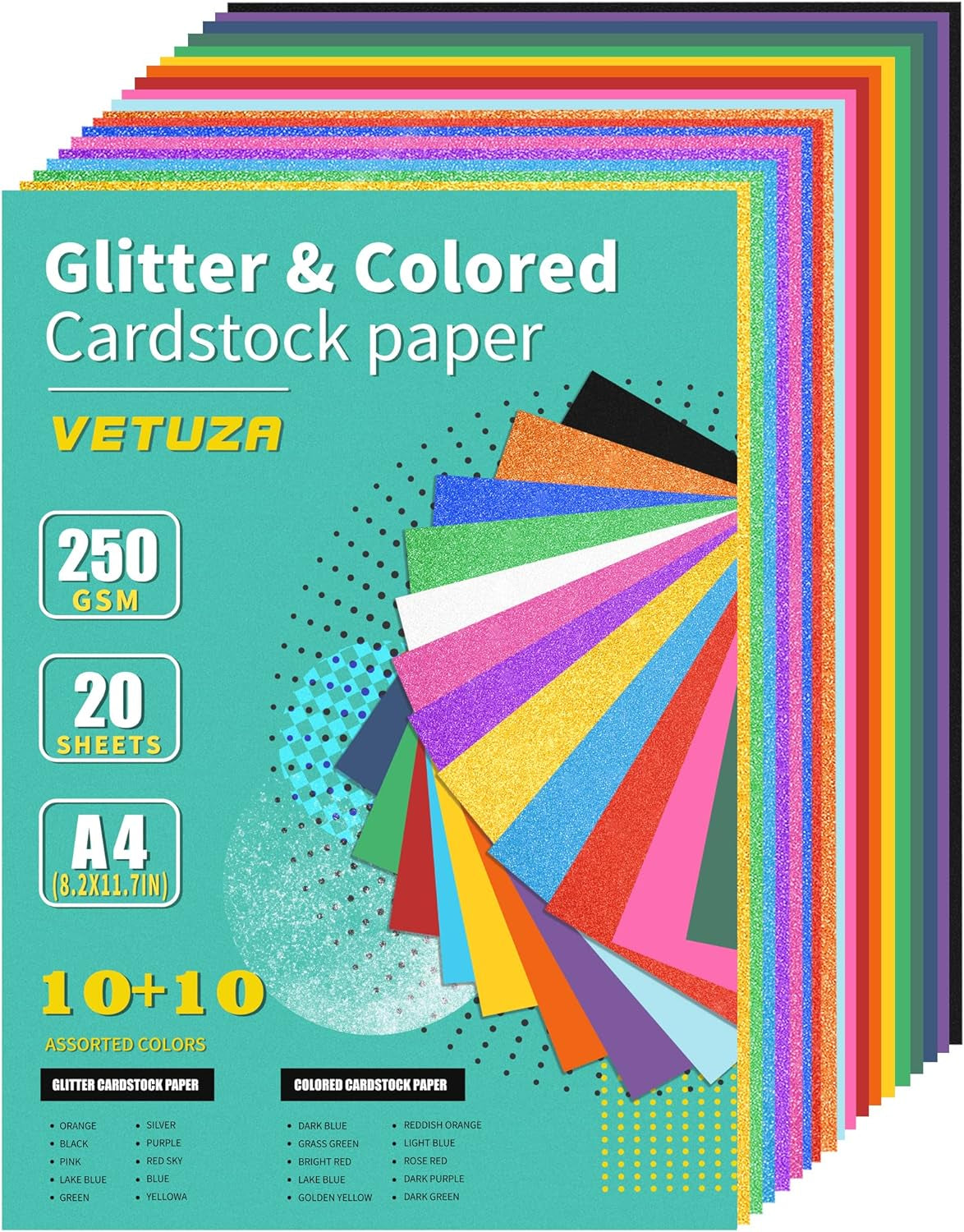 20 Sheets Glitter&Colored Cardstock Paper - 92Lb./250Gsm Cover, A4 Mixed Colored Craft Cardstock for School DIY Project, Birthday Card Making, Thanksgiving Gift Box Wrapping