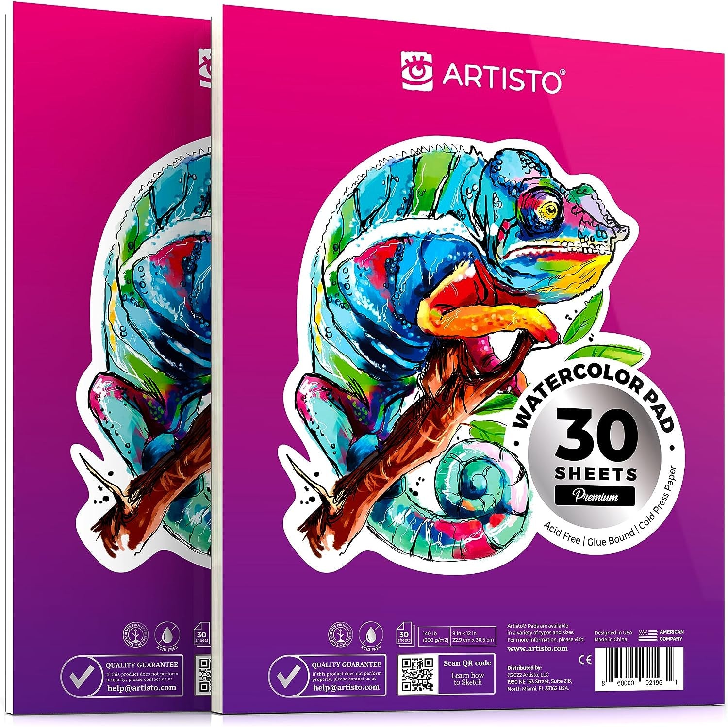 Watercolor Pads 9X12”, Pack of 2 (60 Sheets), Glue Bound, Acid-Free Paper, 140Lb (300Gsm), Perfect for Most Wet & Dry Media, Ideal for Beginners, Artists & Professionals