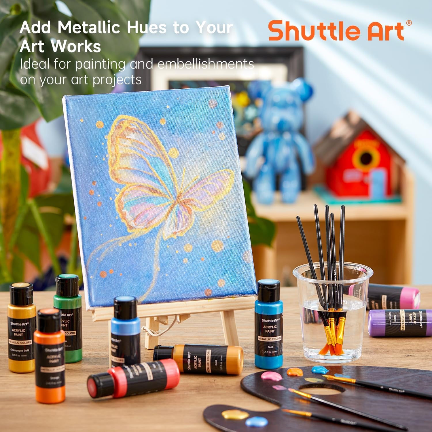 30 Colors Metallic Acrylic Paint, Artist Grade Metallic Paint in Bottles (60Ml, 2Oz), Rich Pigmented, High Viscosity, Non-Toxic for Artists, Beginners on Rocks Crafts Canvas Wood Fabric