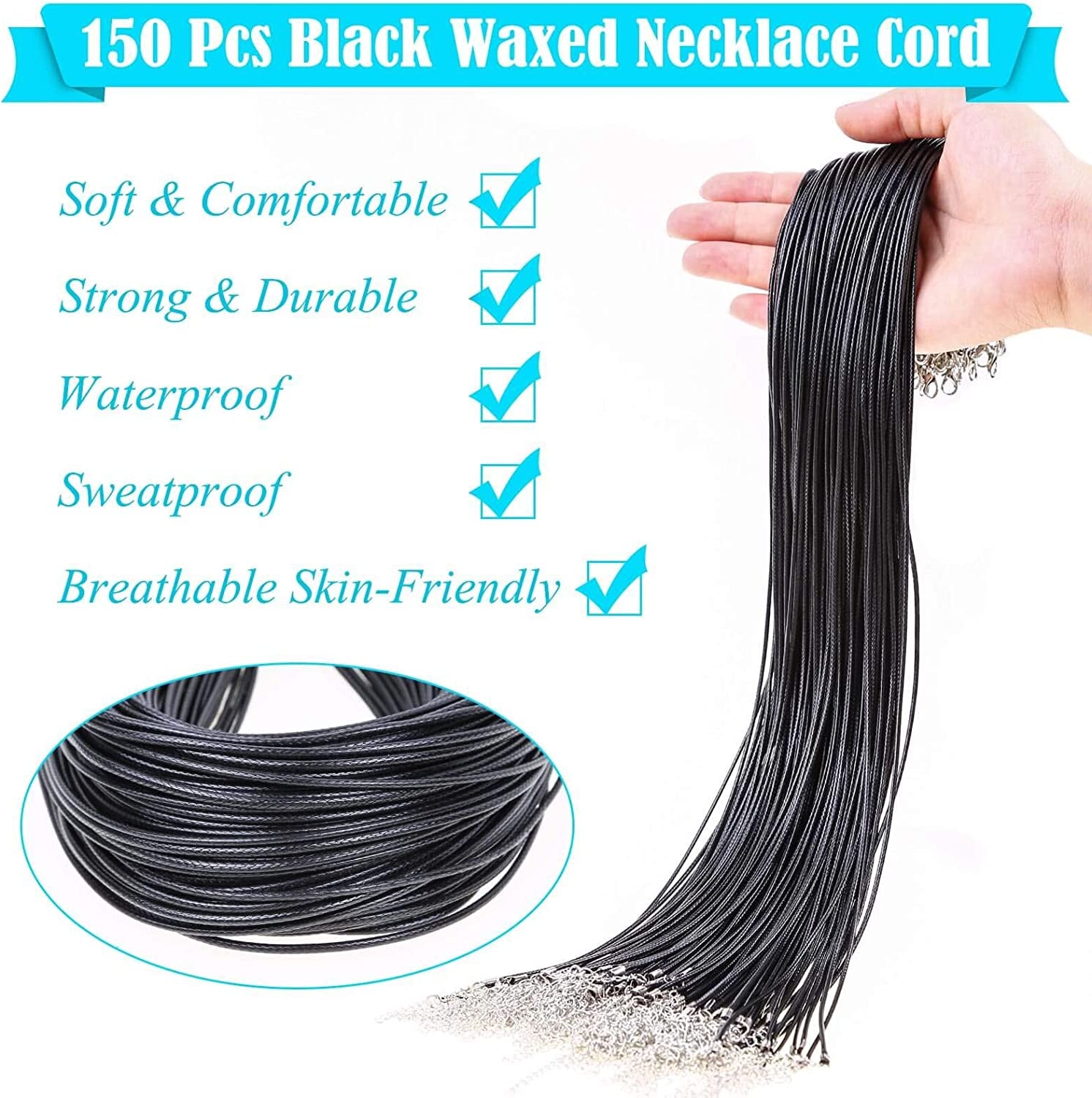 150Pcs Black Necklace String Cord Bulk for Charms Pendants, Waxed Cotton Cord with Jewelry Clasps for Bracelets, Necklaces, Jewelry Making and Beading Supplies