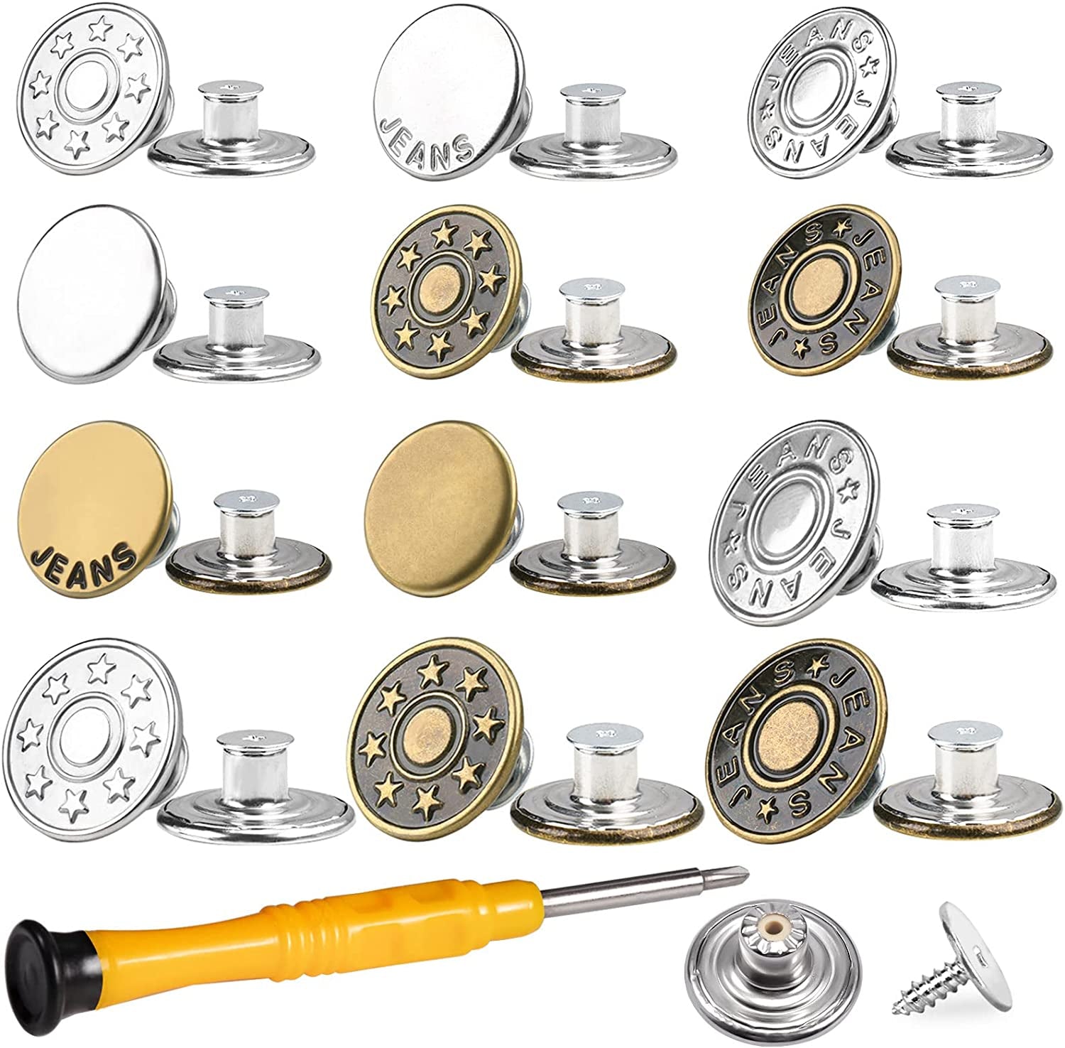 Jeans Button Replacement No Sew:  24 Sets Metal Buttons for Pants - Instant Adjustable Button - Tighten Waist Size by 1 Inch or Extend an Extra Inch - Contains a Removable Screwdriver