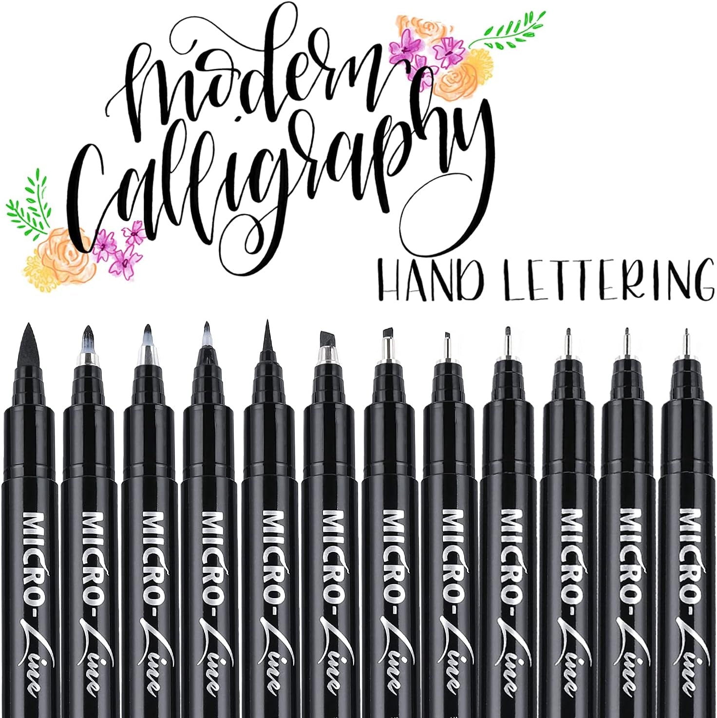 Hand Lettering Pens, Calligraphy Brush Pens Art Markers for Beginners Writing, Sketching, Drawing, Illustration, Scrapbooking, Journaling, Black Ink Pen Set, 8 Sizes