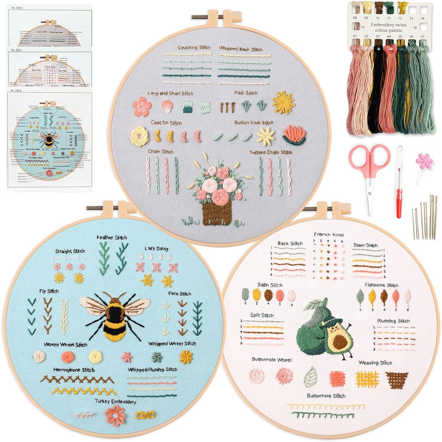 3 Embroidery Kit for Beginners, Beginner Embroidery Kit for Adults. Starter Kits to Learn 28 Different Stitches, Including Fabric with Prints, Threads, Needles, Hoop and Video Tutorials…