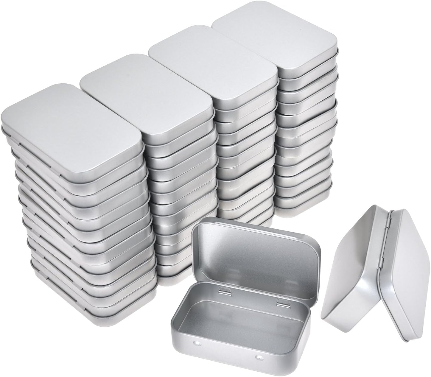 Metal Rectangular Empty Hinged Tins - 30 Pack Silver Mini Portable Box Containers Small Storage Kit & Home Organizer
