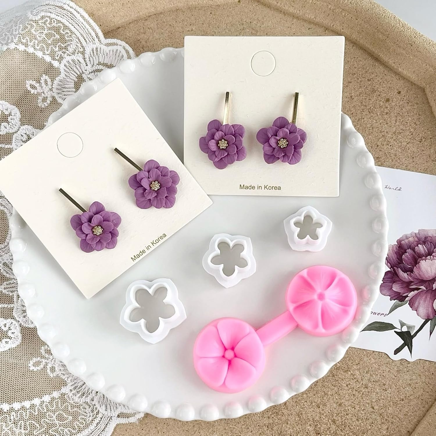 Flower Petal Clay Cutters - Flower Polymer Clay Cutters for Earrings Making, 3Pcs Clay Cutters with 1Pcs Petal Press Polymer Clay Mold, Clay Cutters for Polymer Clay Jewelry Making