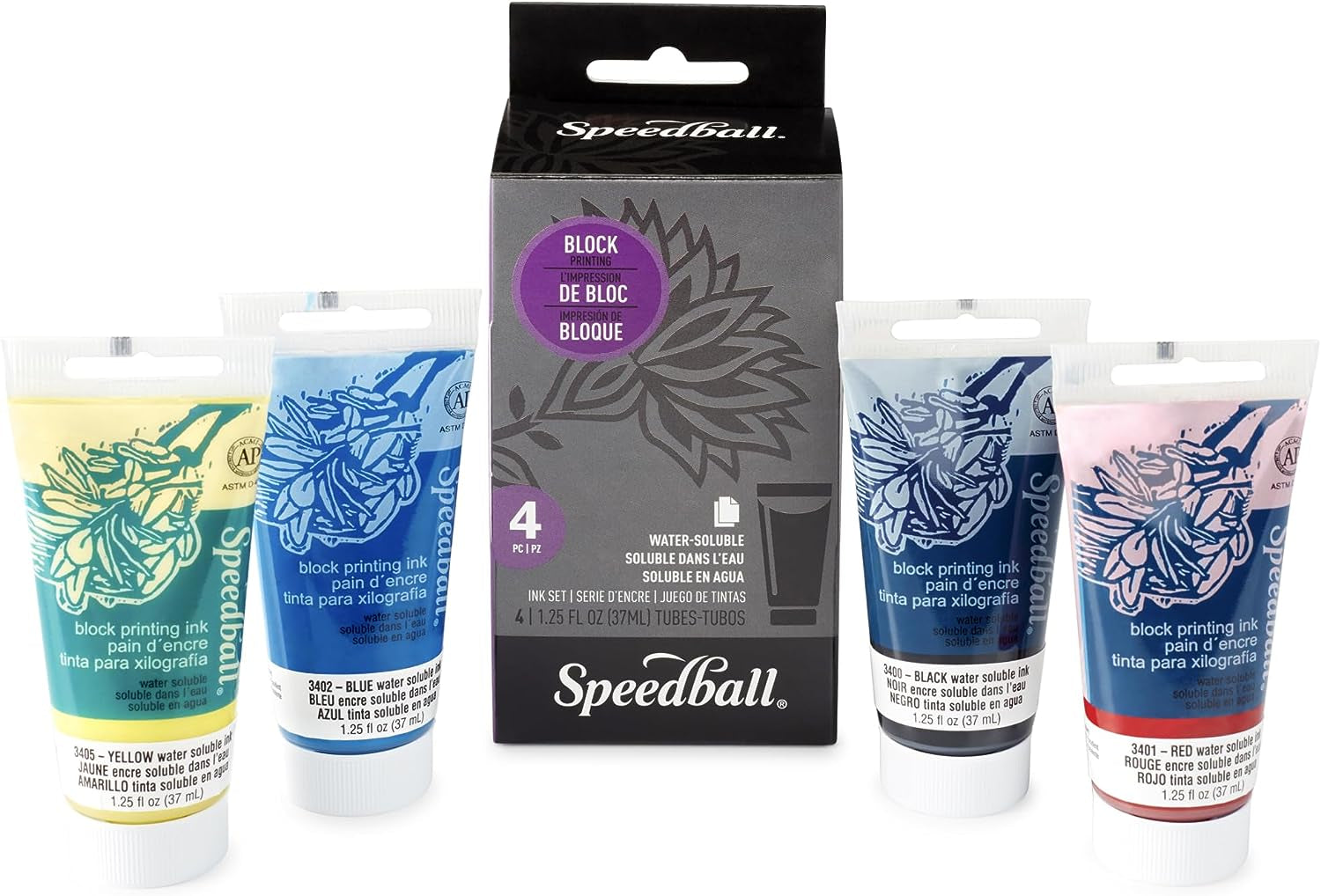 Water-Soluble Block Printing Ink Starter Set, 4-Color Set, 1.25-Ounce Tubes