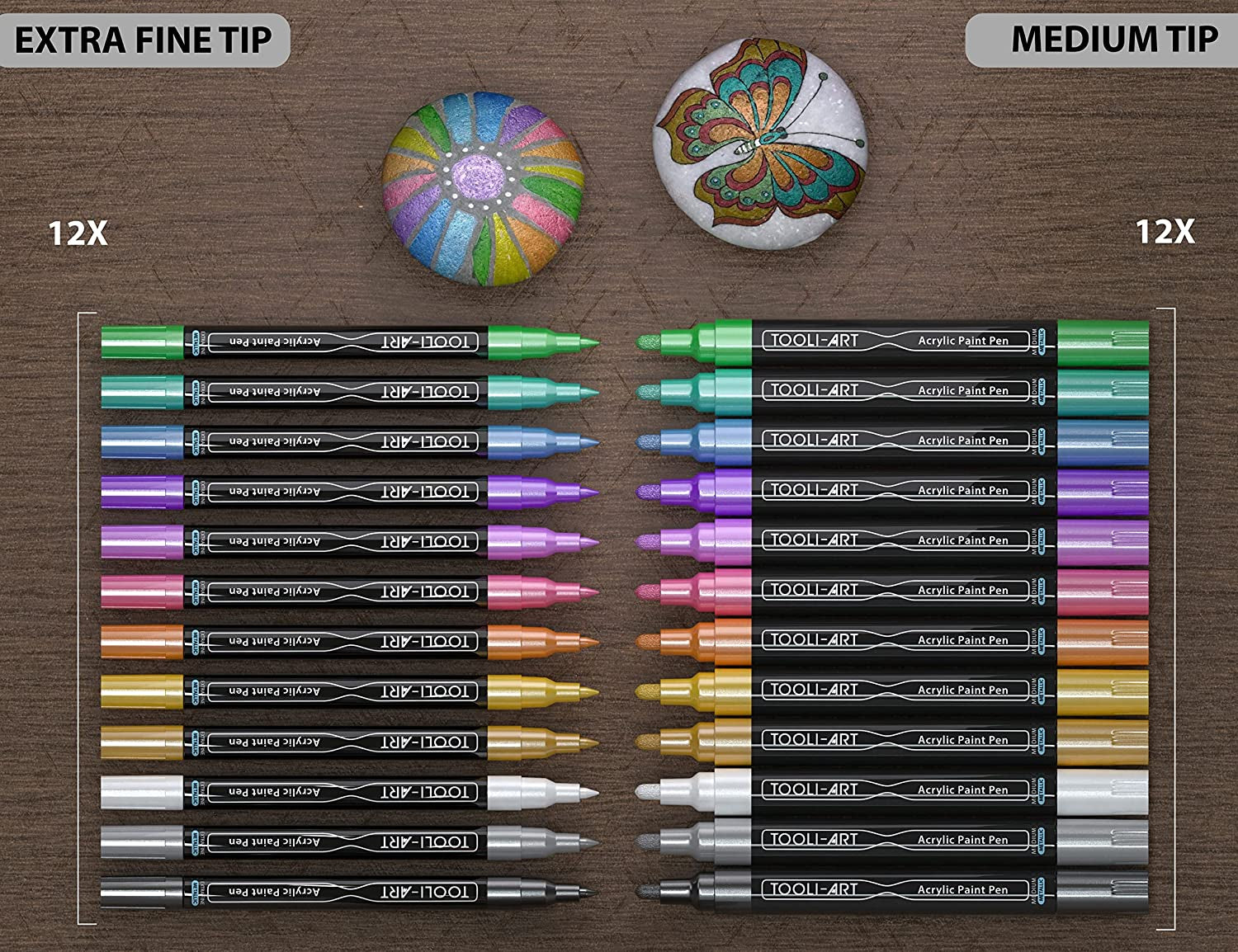 24 Metallic Acrylic Paint Pens Markers Set 0.7Mm Extra Fine and 3.0Mm Medium Tip Combo for Rock Painting, Pebbles, Canvas, Glass, Mugs, Journals, Most Surfaces. Non-Toxic, Waterbased, Quick Drying