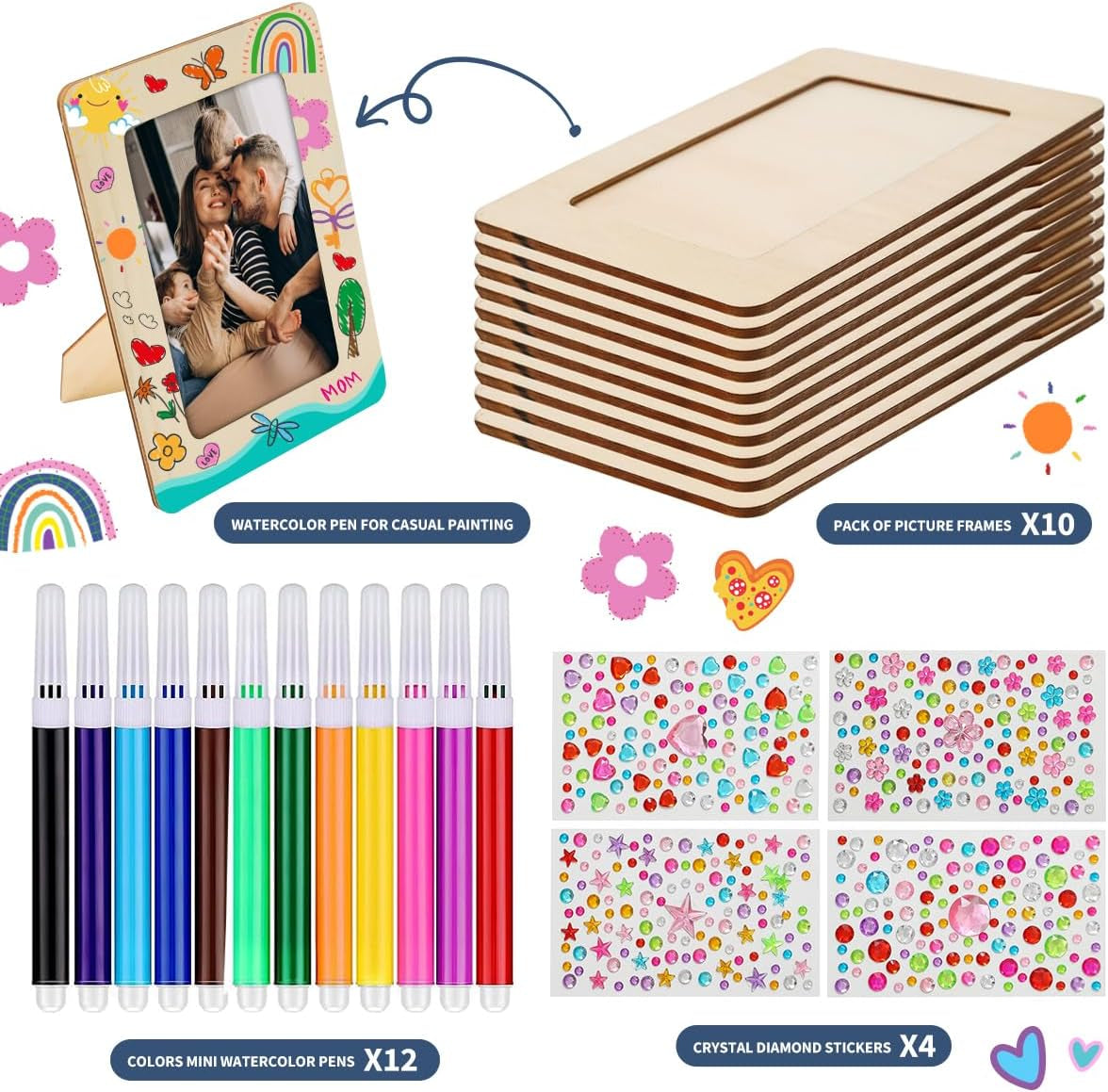 Picture Frame Painting Craft Kit for 4 * 6 Photo,10Pcs DIY Unfinished Wooden Picture Frames with 12Pcs Painting Color Pen 4 Sheets Crystal Diamond Stickers for DIY Craft