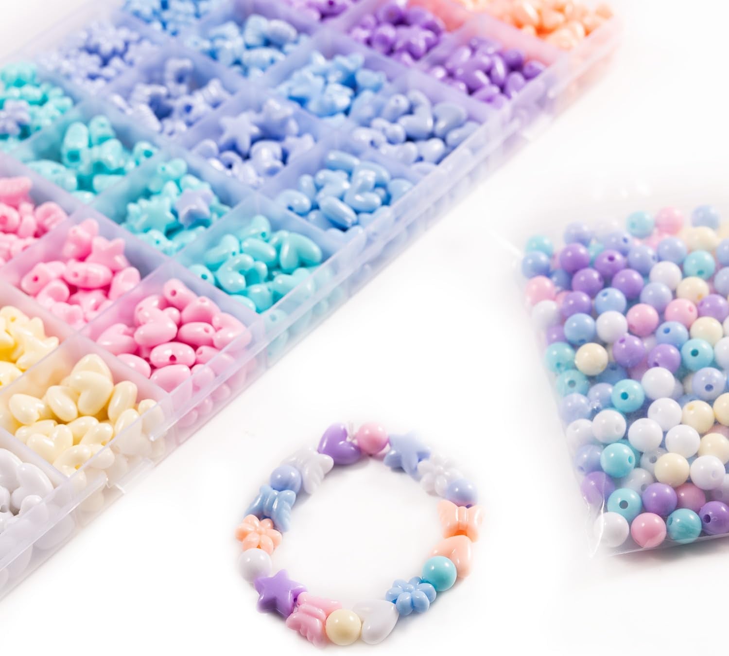 840Pcs Star Heart Kandi Acrylic Beads Candy Color Cute Pastel Circle Loose Spacer Beads Assorted Colorful Shape Bow Beads Bulk for Friendship Bracelets and Jewelry Making Kit (1000)
