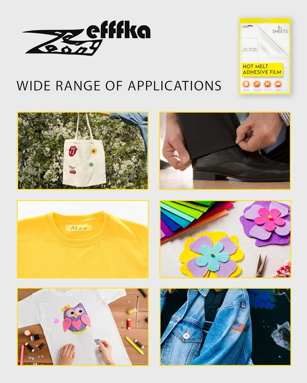 Hot Melt Adhesive Film Fabric Repair Iron-On Patch Hemming Decorating Clothing Fix Crafts Labeling Durable Washable Easy Application for Textiles Five Large Sheets for Multiple Uses