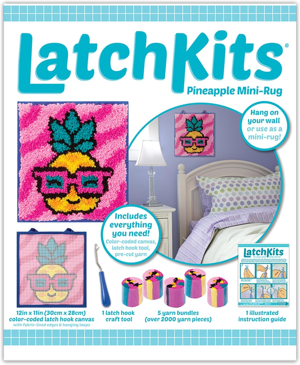 Latchkits  for Wall Hangings & Mini-Rugs - Pineapple - Craft Kit with Easy, Color-Coded Canvas, Pre-Cut Yarn & Latch Hook Tool - Perfect DIY Craft for Kids - Ages 6 and Up, Small, Multi