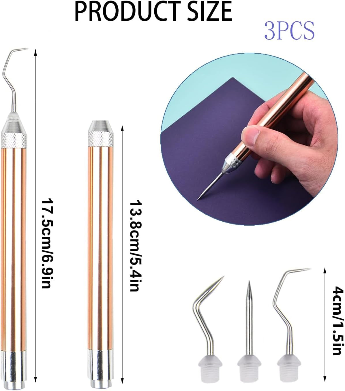 3PCS LED Weeding Tools for Vinyl with Light with Pin and Hook Lighted Pin Pen Weeding Tool for for Removing Iron on Tiny Vinyl Paper Silhouette Cutting Machines Supply (Rose Gold)