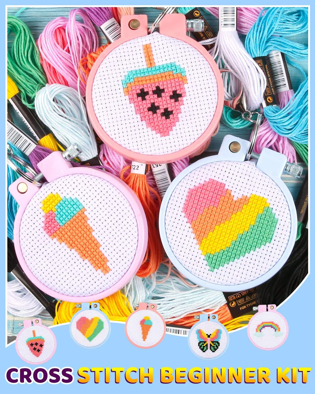 6 Pcs Cross Stitch Kits for Beginners for Kids 7-13, Kids Embroidery Kit Needlepoint Kit Arts and Crafts Kit with Instructions for Backpack Charms, Ornaments and Needle Craft