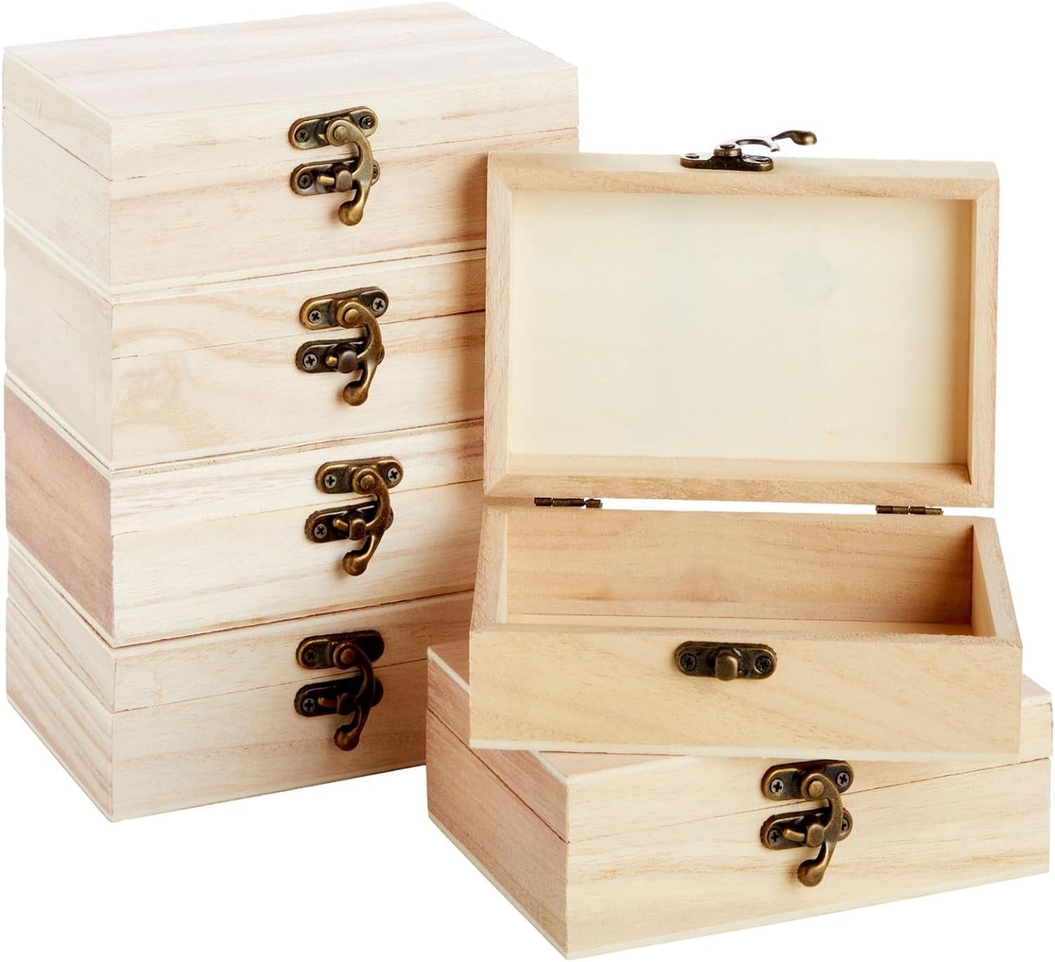 6 Pack Unfinished Wooden Boxes for Crafts with Hinged Lids and Front Clasps, 6X4X2 in for Jewelry, Crafts, Storage