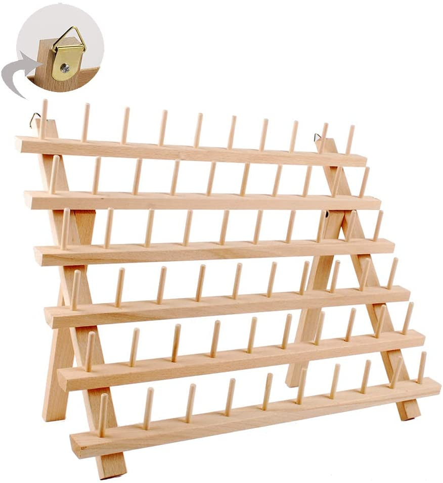 60-Spools Wooden Thread Holder Sewing and Embroidery Thread Rack and Organizer Thread Rack for Sewing with Hanging Hooks