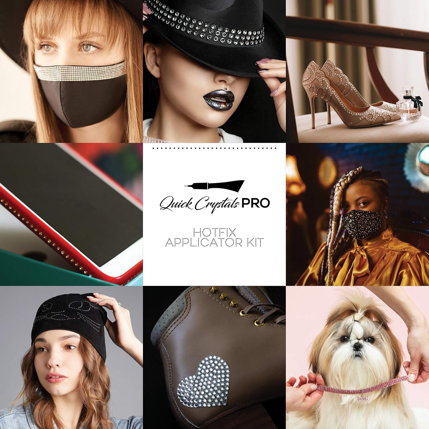 Hotfix Applicator, , Bedazzler Kit with Rhinestones, DIY Wand Setter Tool Kit with 7 Different Tip Sizes, Tweezers, Cleaning Brush, User Manual, and 4400 Rhinestones - Black