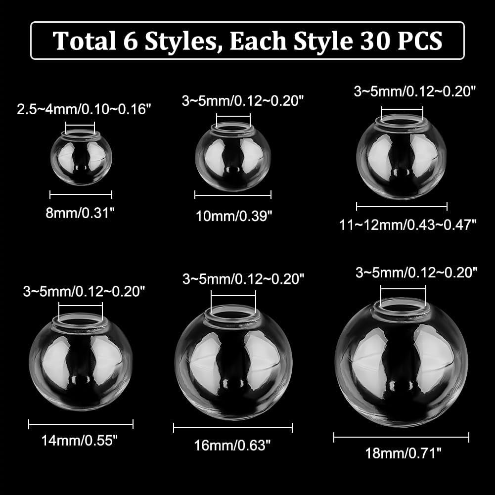 180Pcs Mini Glass Globe, 6 Size Glass Ball Bottles Orbs Ball Wish Glass Ball Glass Spheres UV Planet Crystal Craft Ball for UV Resin Dice Pendant Charms Earring Making 8~18Mm