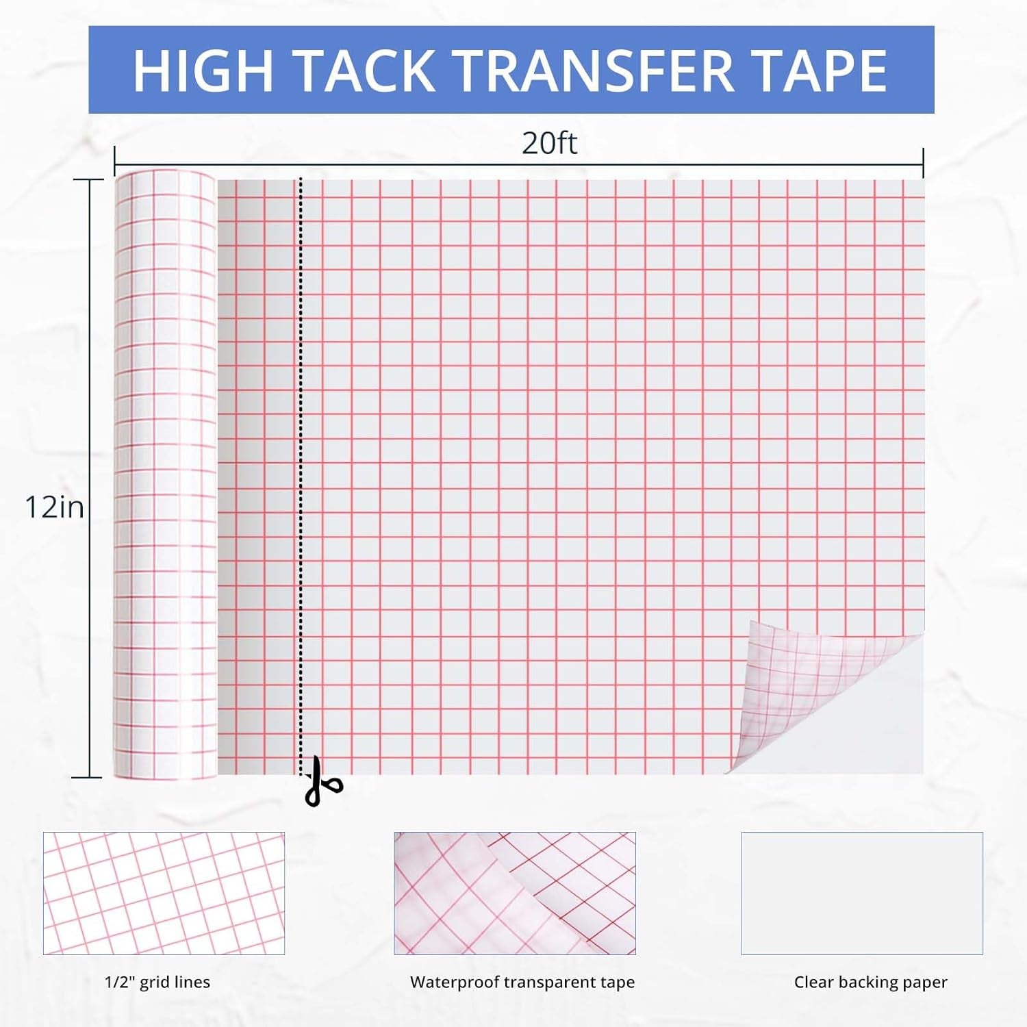 Transfer Tape for Vinyl -12" X 20 FT W/Red Alignment Grid Transfer Paper High Tack Vinyl Transfer Tape for Permanent Vinyl for Cricut Signs Stickers Decals Walls Doors & Windows