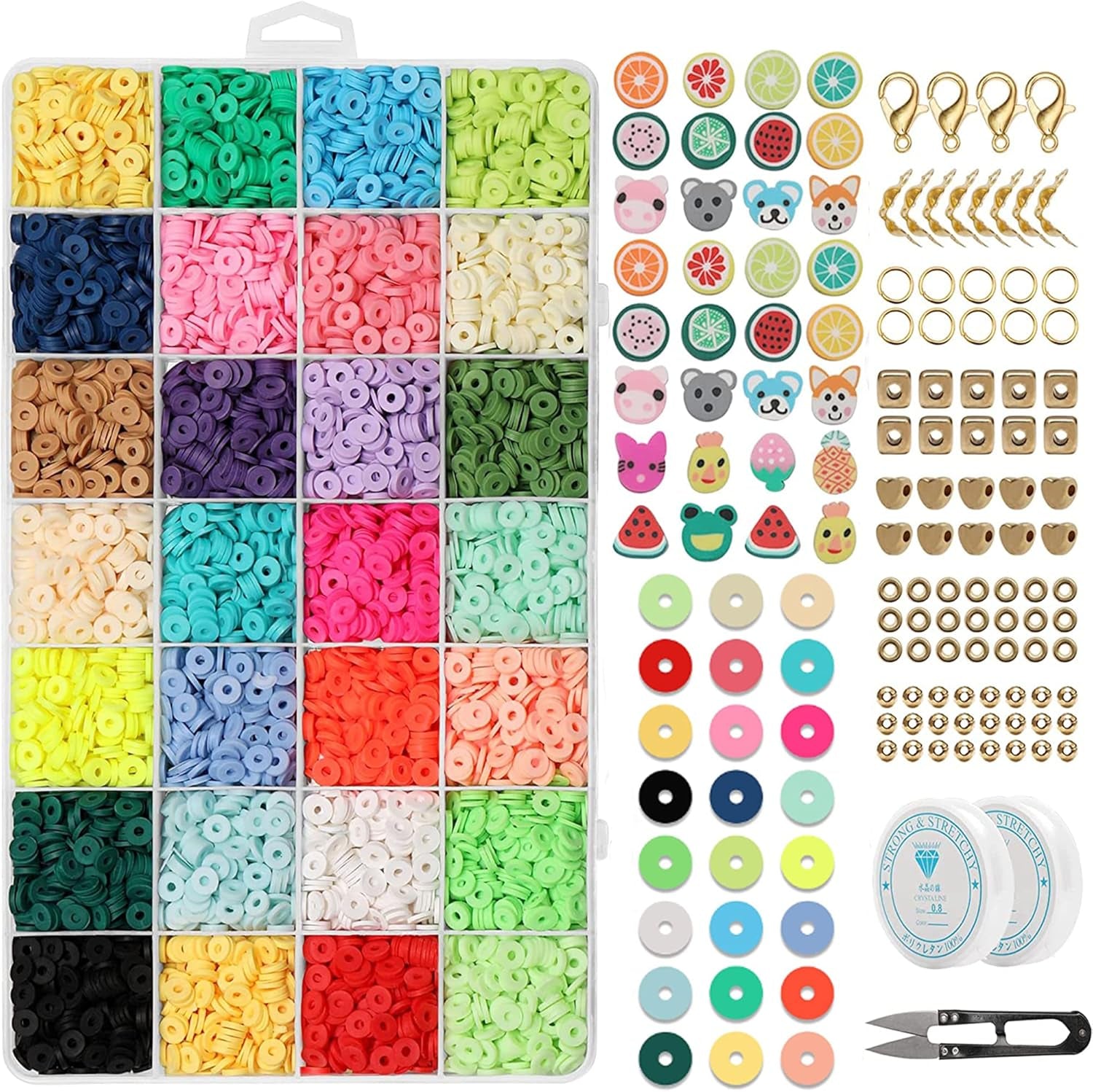 6552 PCS Complete Beads Jewelry Making Kit, 28 Colors Flat Polymer Clay Heishi Beads, Cartoon Fruit Beads, Roll Elastic Strings Other Kinds Space Beads Scissors for Beginner Experiencer