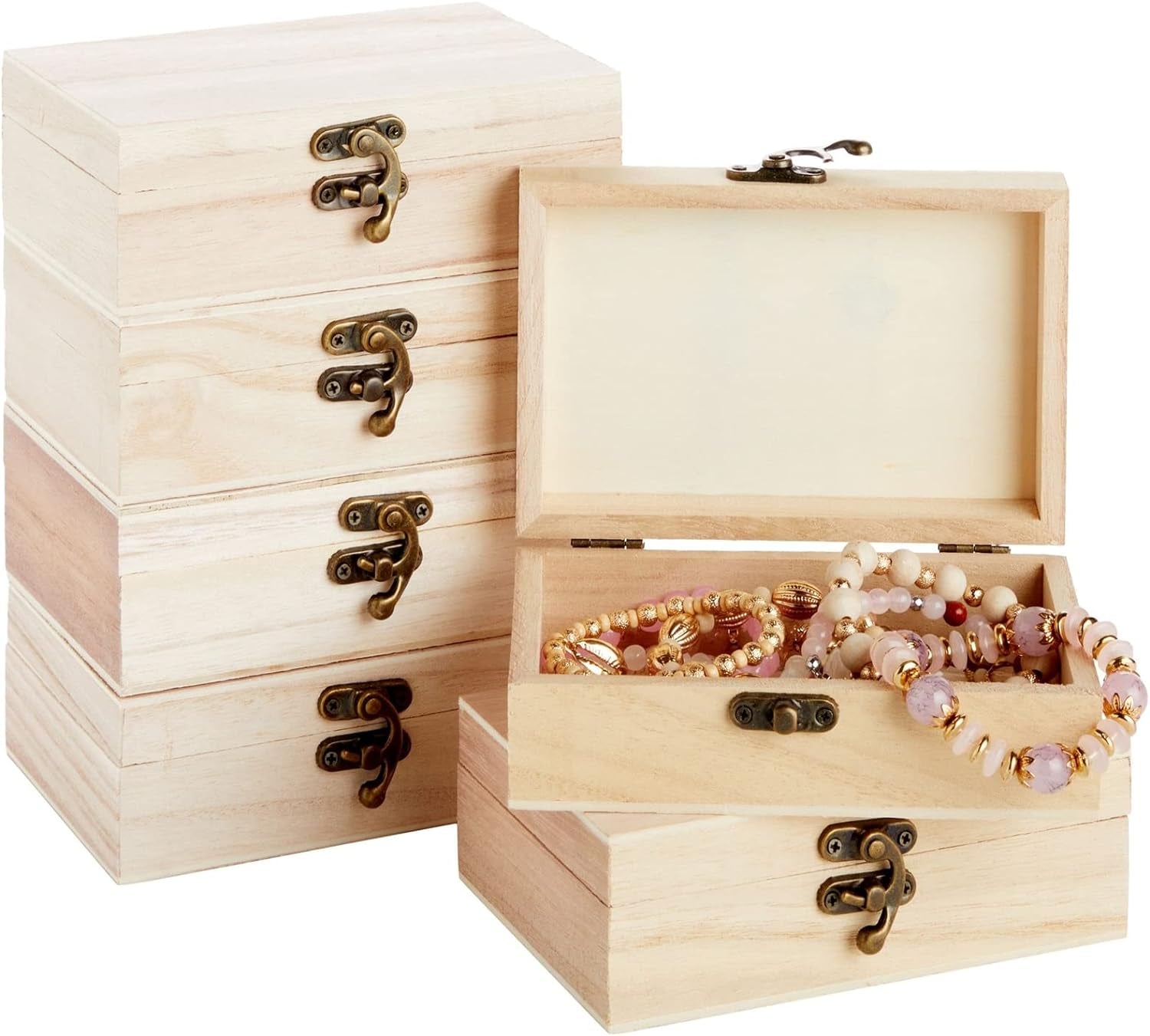 6 Pack Unfinished Wooden Boxes for Crafts with Hinged Lids and Front Clasps, 6X4X2 in for Jewelry, Crafts, Storage