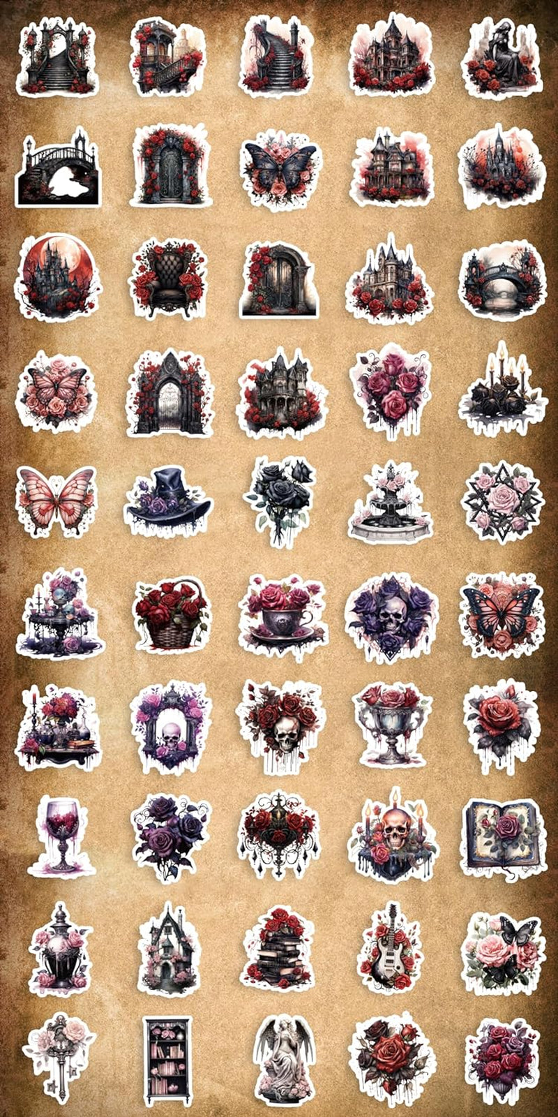 100 Pcs Dark Aesthetic Goth Style Stickers, Vintage Rose Skull Stickers Horror Vinyl Decals for Water Bottles Laptop Phone Scrapbook Junk Journal Collage DIY Crafts