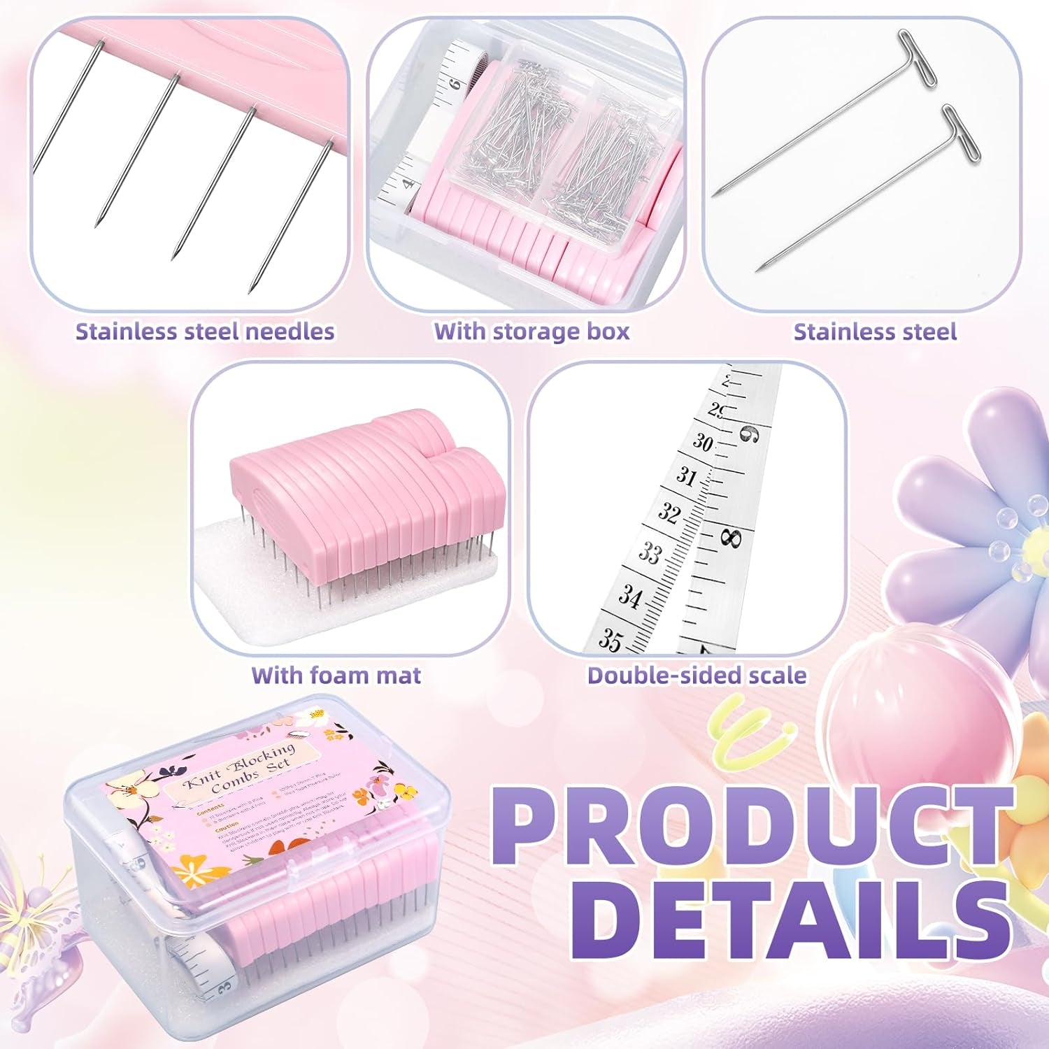 Knit Blocking Pins Kit,20Pcs Knit Blocking Combs,100 T-Pins for Blocking Knitting,Crochet, Lace or Needlework Projects,Knitting Block Tool for Blocking Mats