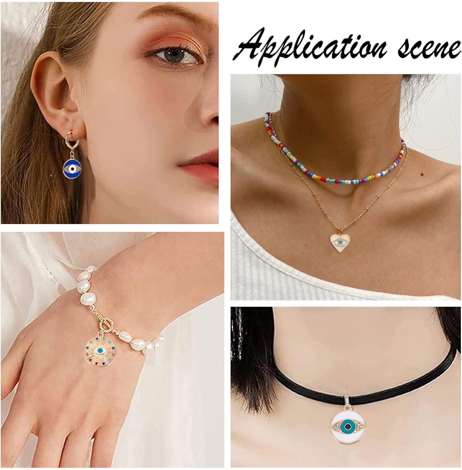 1 Box 40Pcs Evil Eye Charms Evil Eyes Charm Valentine'S Day Heart Charm Flat round Rhinestone Hamsa Hand Lucky Charms Love Charms for Jewelry Making Charm Earrings Necklace DIY Supplies