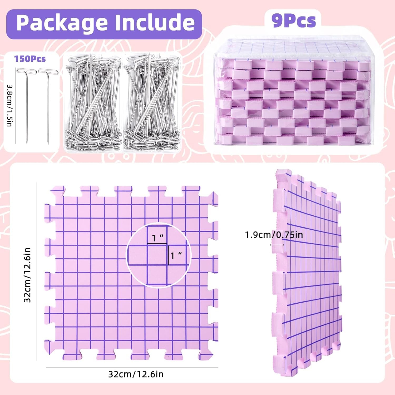 Knitting Blocking Mats and Pins, Blocking Mats for Knitting & Crochet Projects, Extra Thick Knitting Blocking Mats with 150 T-Pins and Storage Bag, Crochet Blocking Board for Crocheting