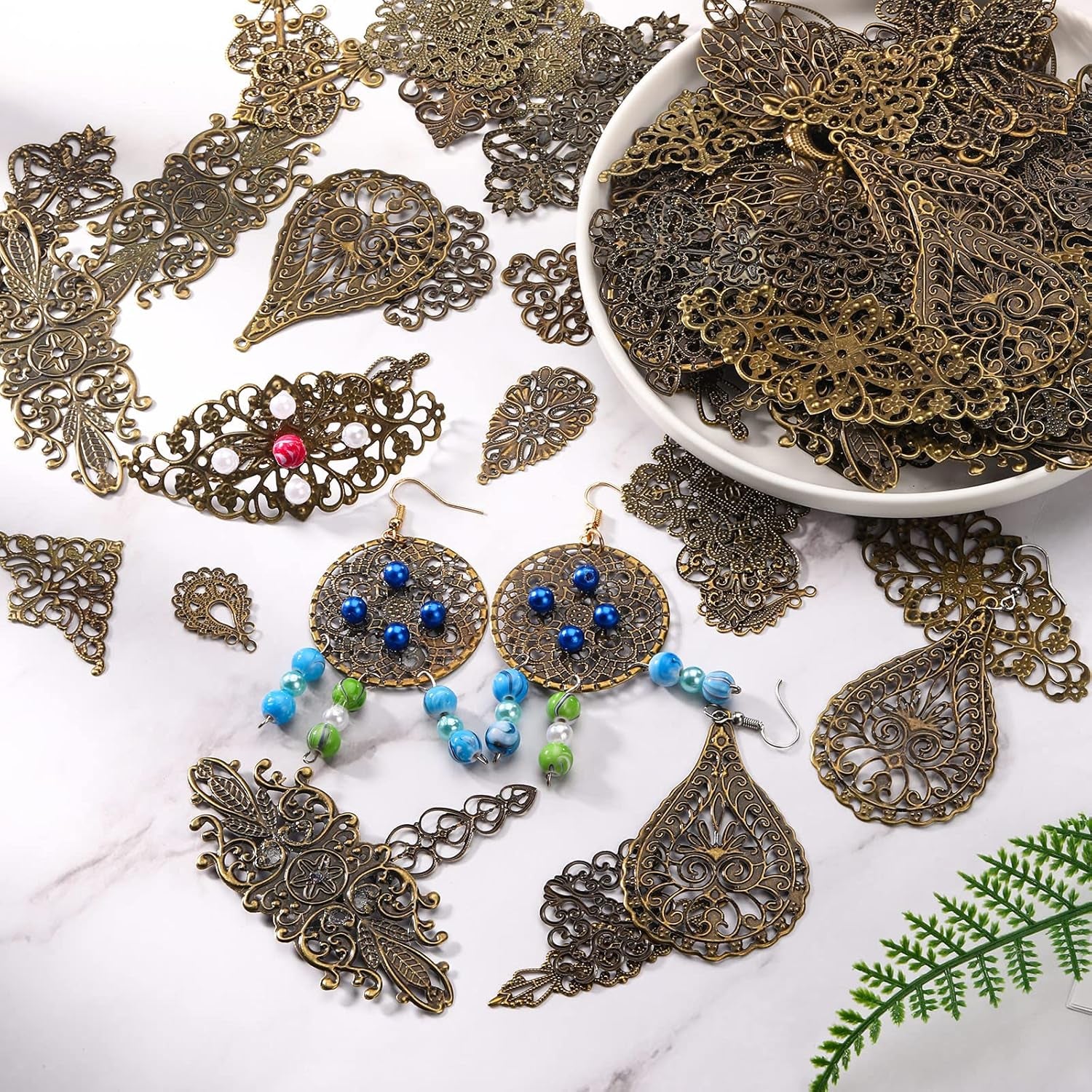 120 Pieces Filigree Connectors Charms Pendants Decoration Supplies Tibetan Metal Filigree Findings Embellishments for DIY Hairpin Necklace Earring Jewelry Making