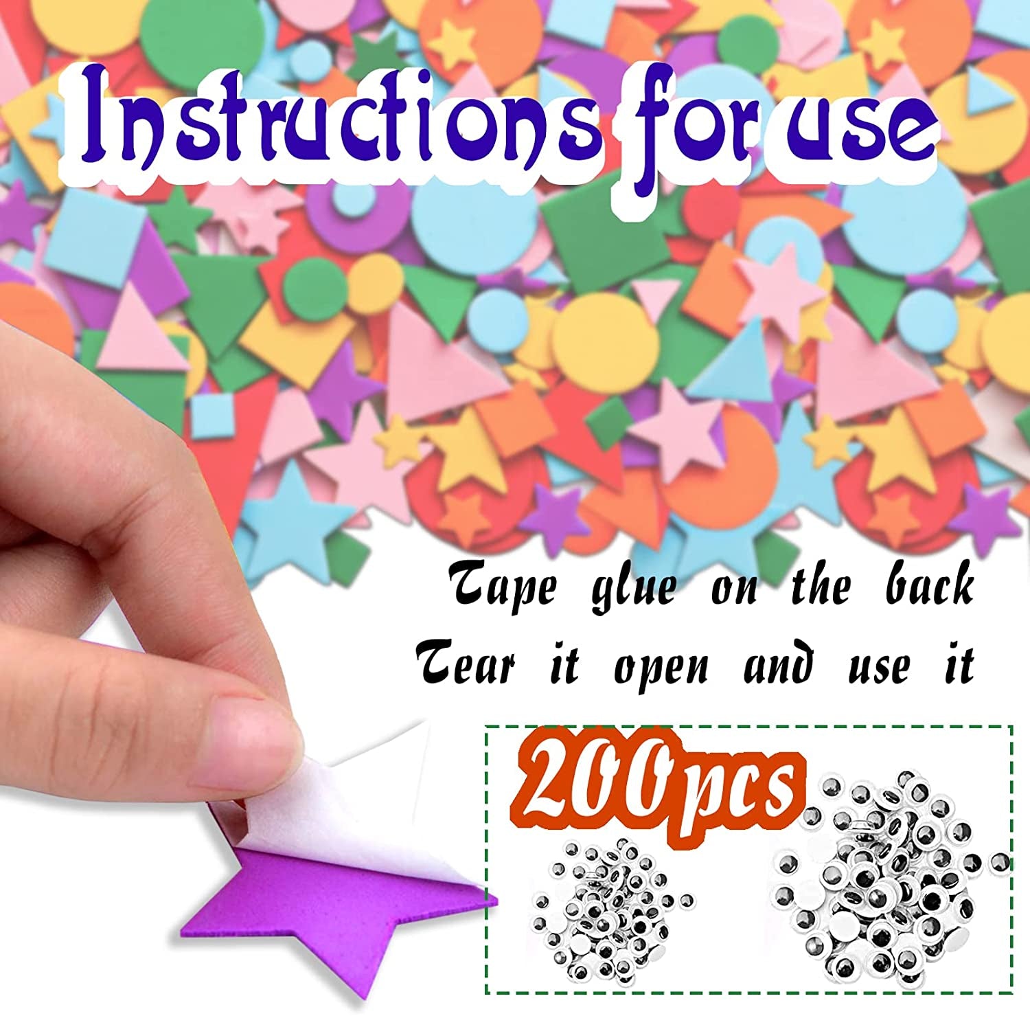 1500Pcs Foam Stickers Foam Shapes Stickers for Kids,10 Colors Self Adhesive Craft Supplies Geometric Stickers with Googly Eyes for Preschool Craft DIY Program (Circle, Square, Triangle, Star)