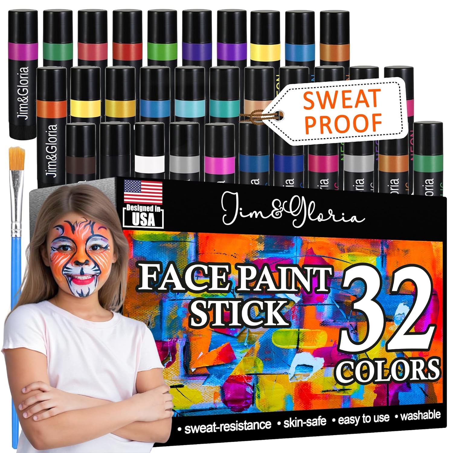 Face Painting Kit for Kids 32 Colors Metallic, Neon, Classic + Makeup Brush, Skin Safe, Washable and Professional Body Paint Sticks Crayon Set, Birthday Gift for Kids, Halloween Costume