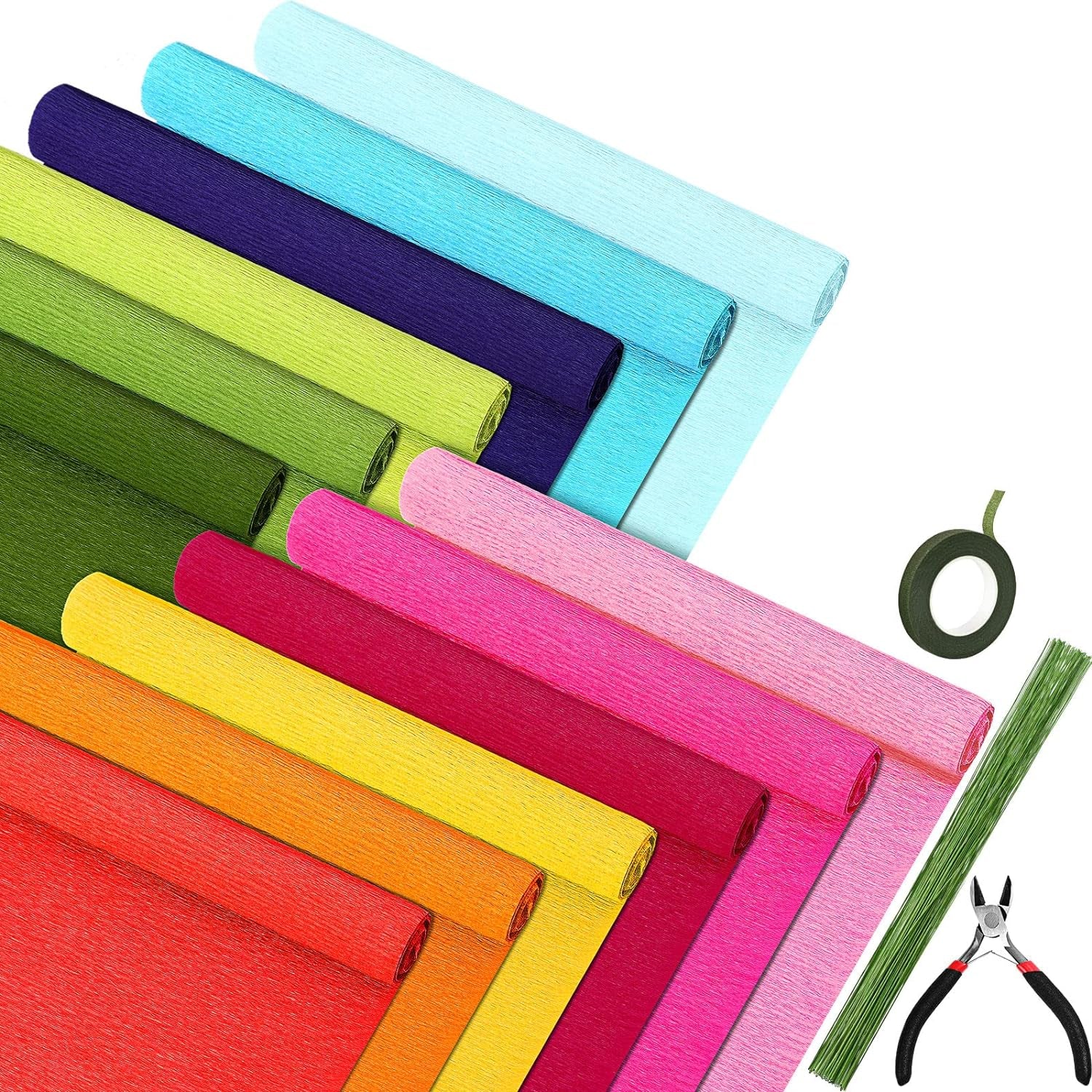 12 Rolls 8 Feet Crepe Paper Sheets Rolls 10 Inch Crepe Paper Streamer 103 Pcs Floral Arrangement Kit Green Floral Tape Floral Wire Stems Wire Cutter for Wreath Flower Making(Elegant Colors)