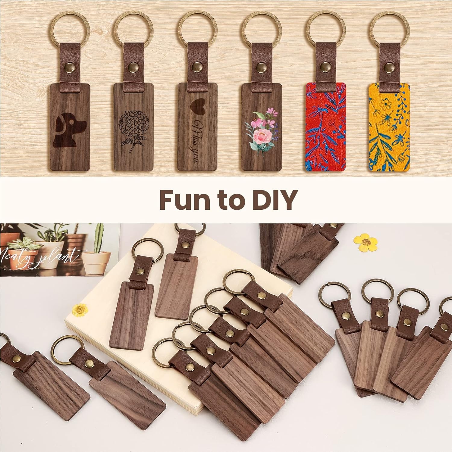 25 Pieces Leather Wood Keychain Blank, Wooden Keychain Blanks with Leather Strap, Unfinished Wooden Keychains for Laser Engraving, DIY Various Key Tags, Wood Crafts Gift